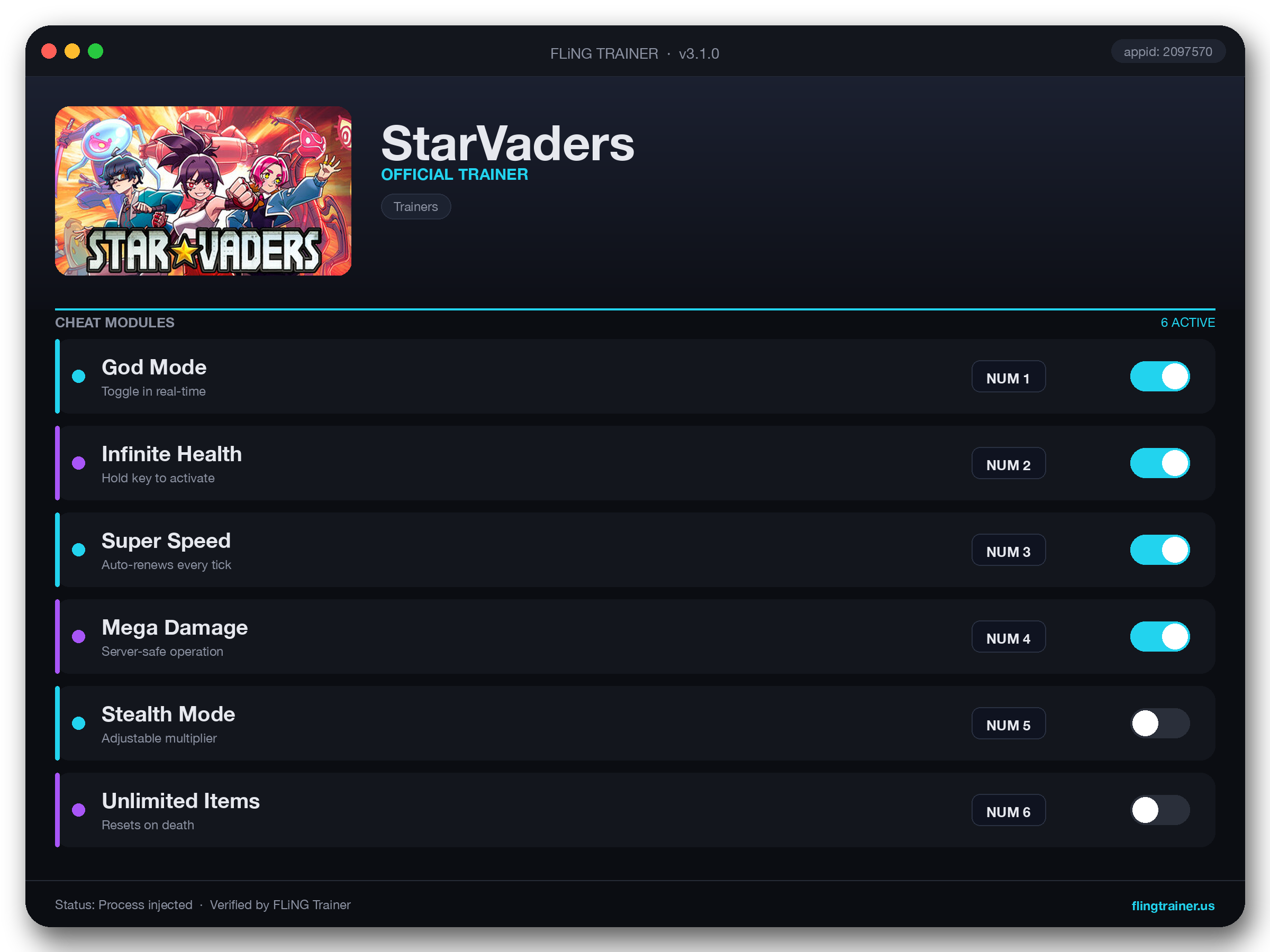 StarVaders Trainer interface