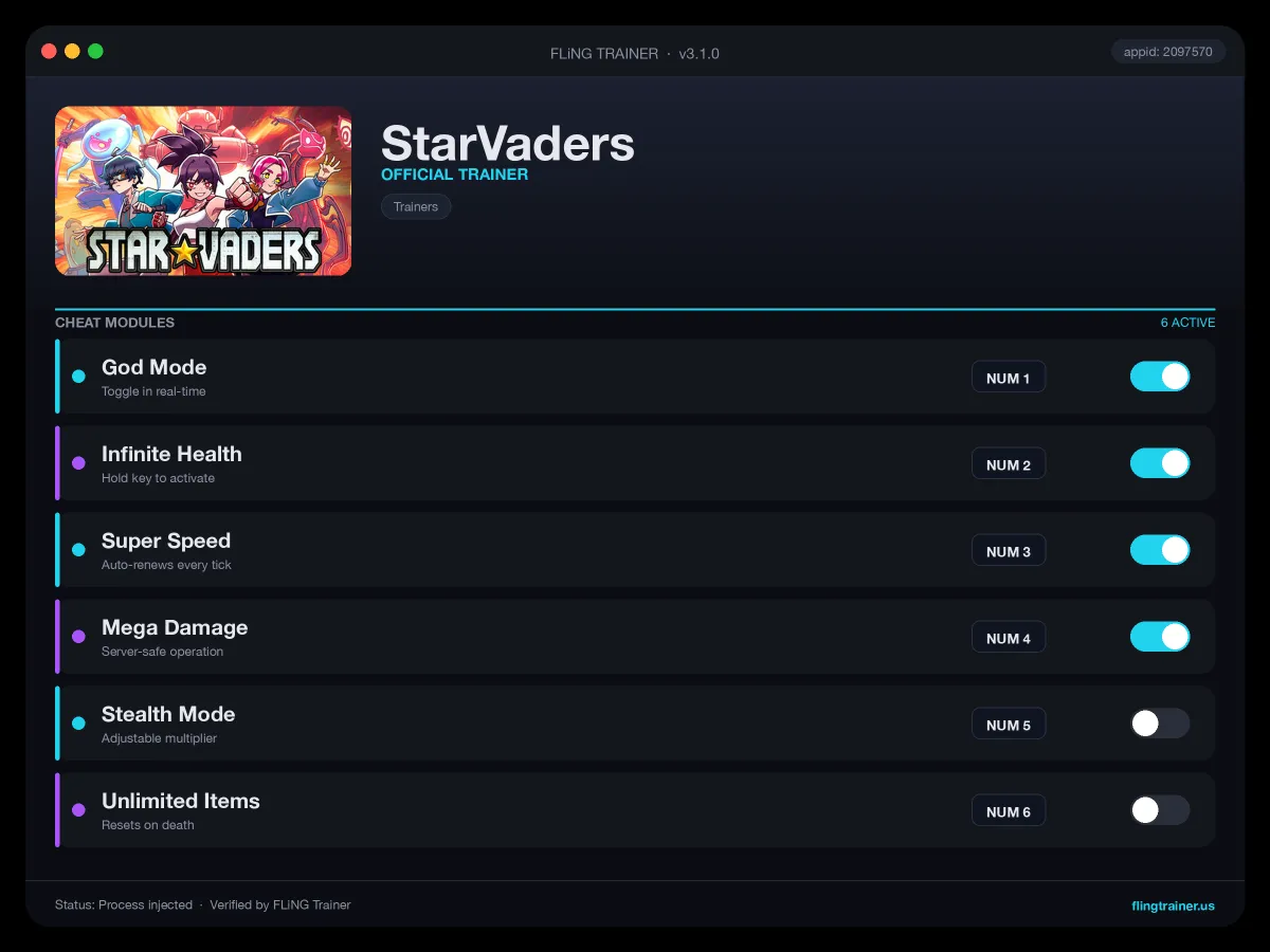 StarVaders Trainer interface