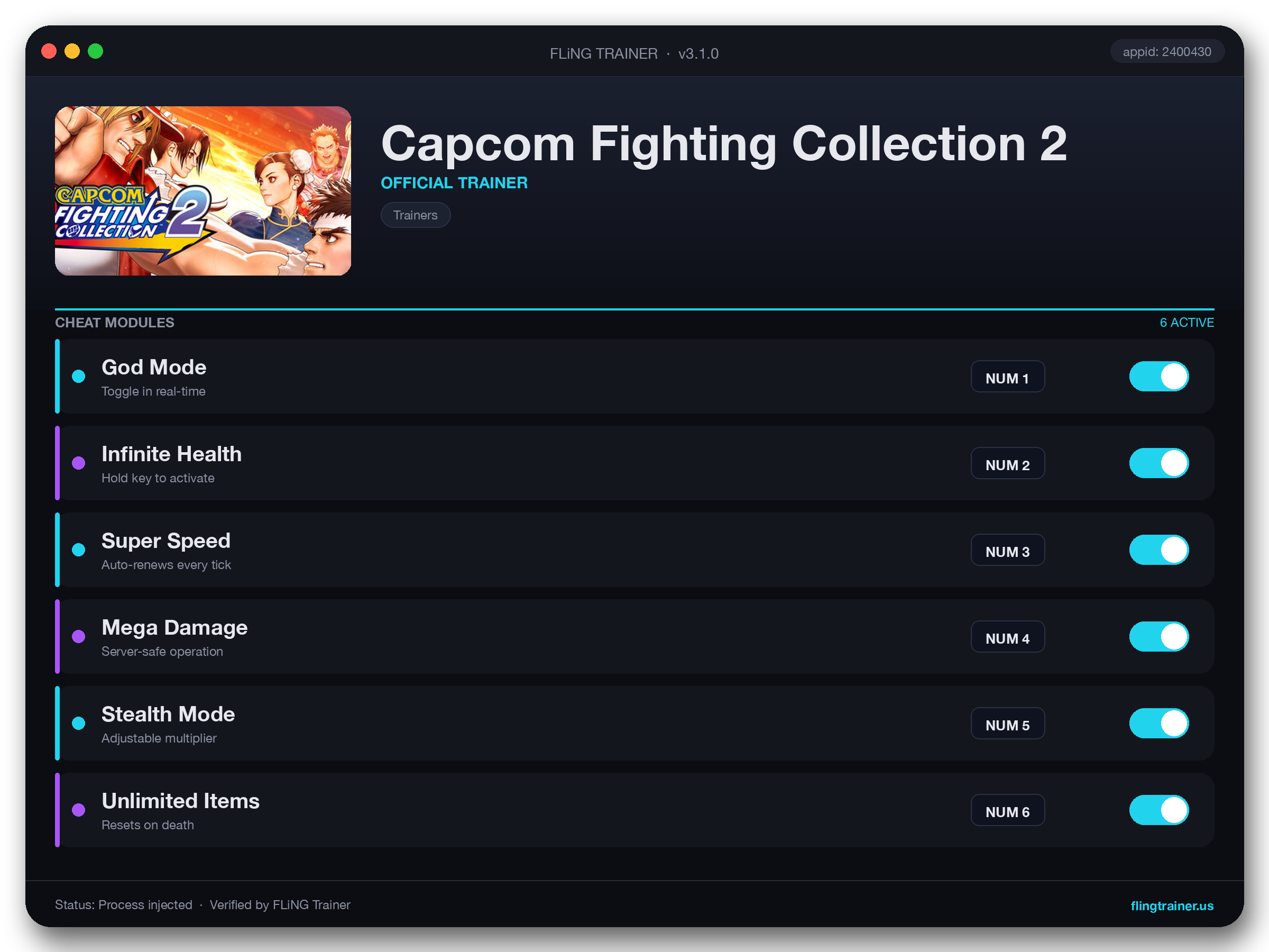 Capcom Fighting Collection 2 Trainer interface