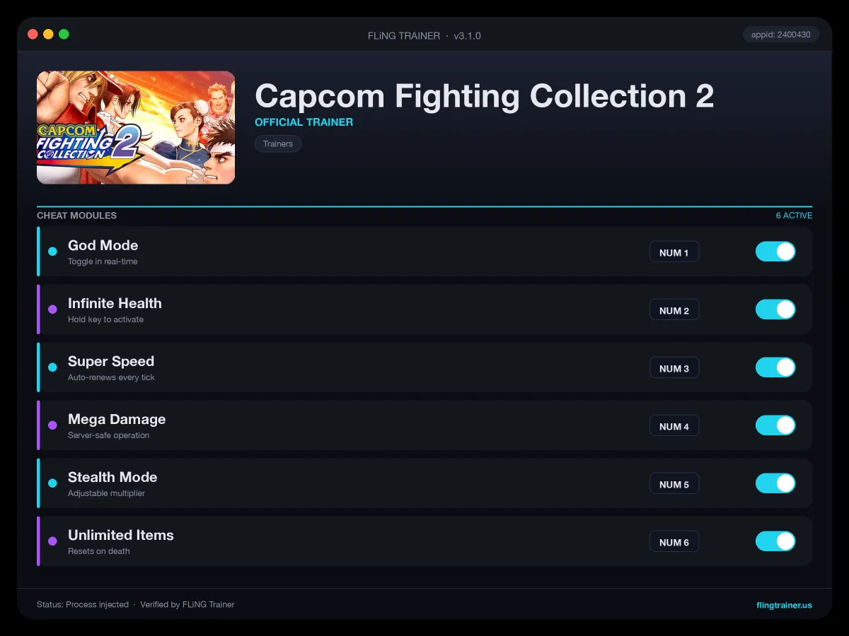 Capcom Fighting Collection 2 Trainer interface