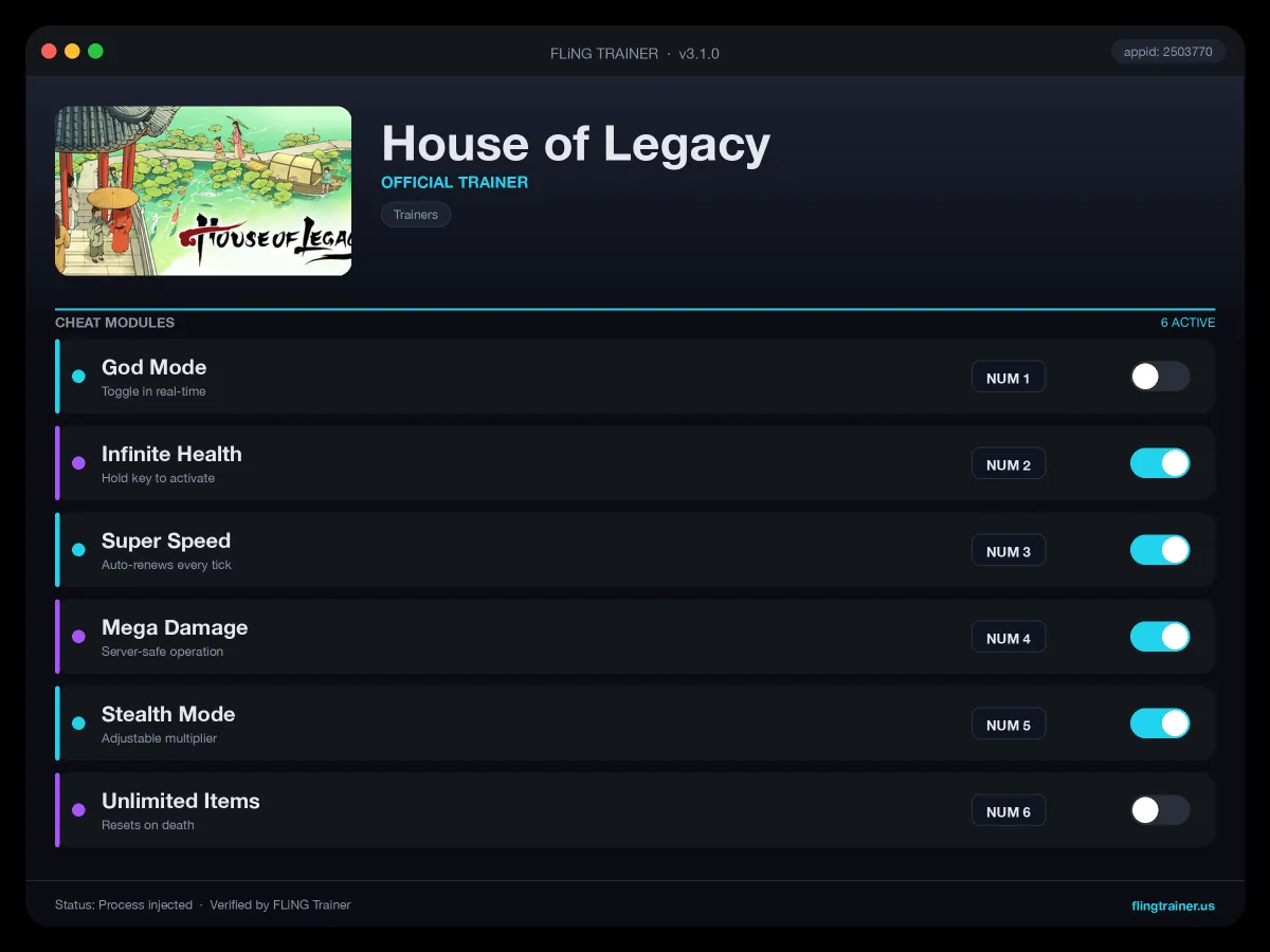 House of Legacy Trainer interface