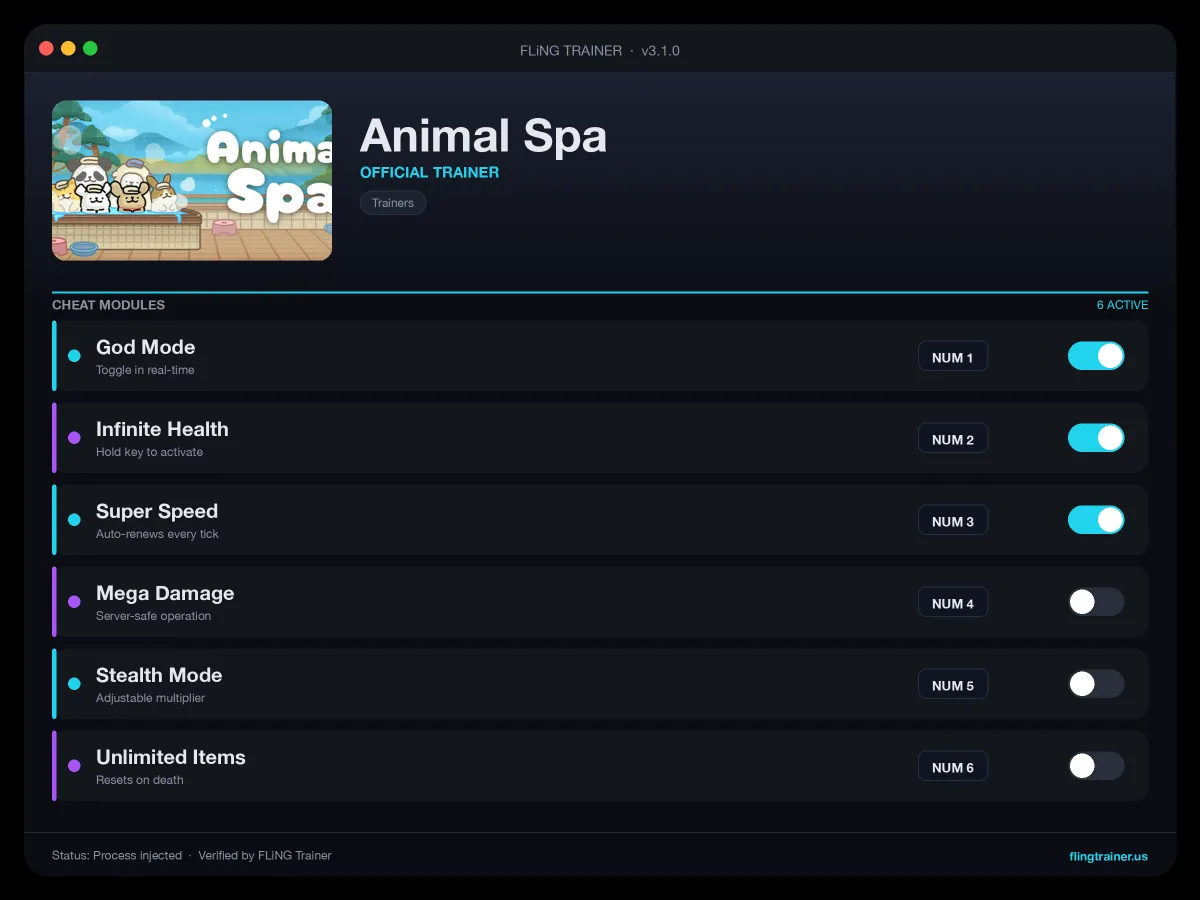 Animal Spa Trainer interface