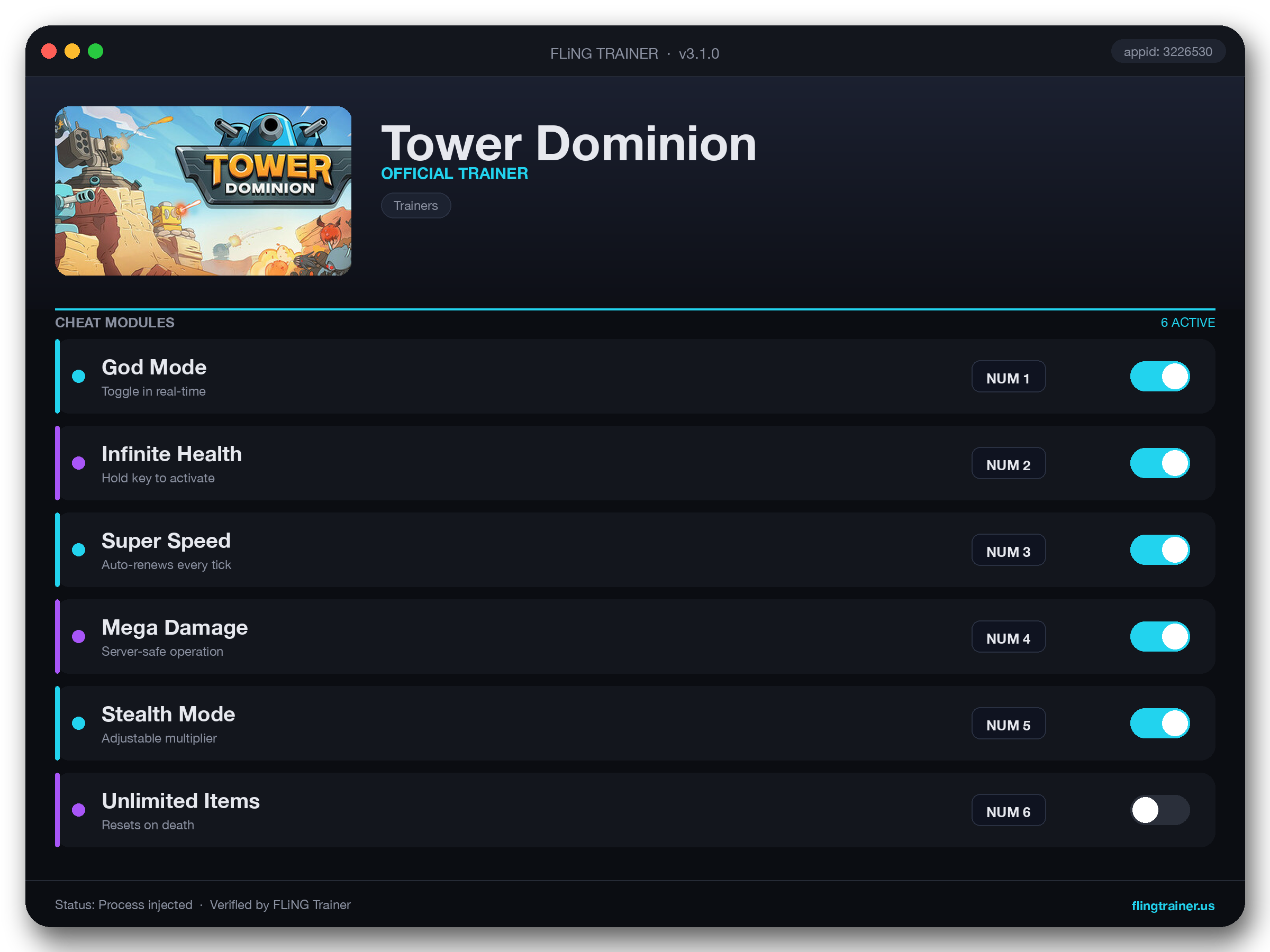 Tower Dominion Trainer interface