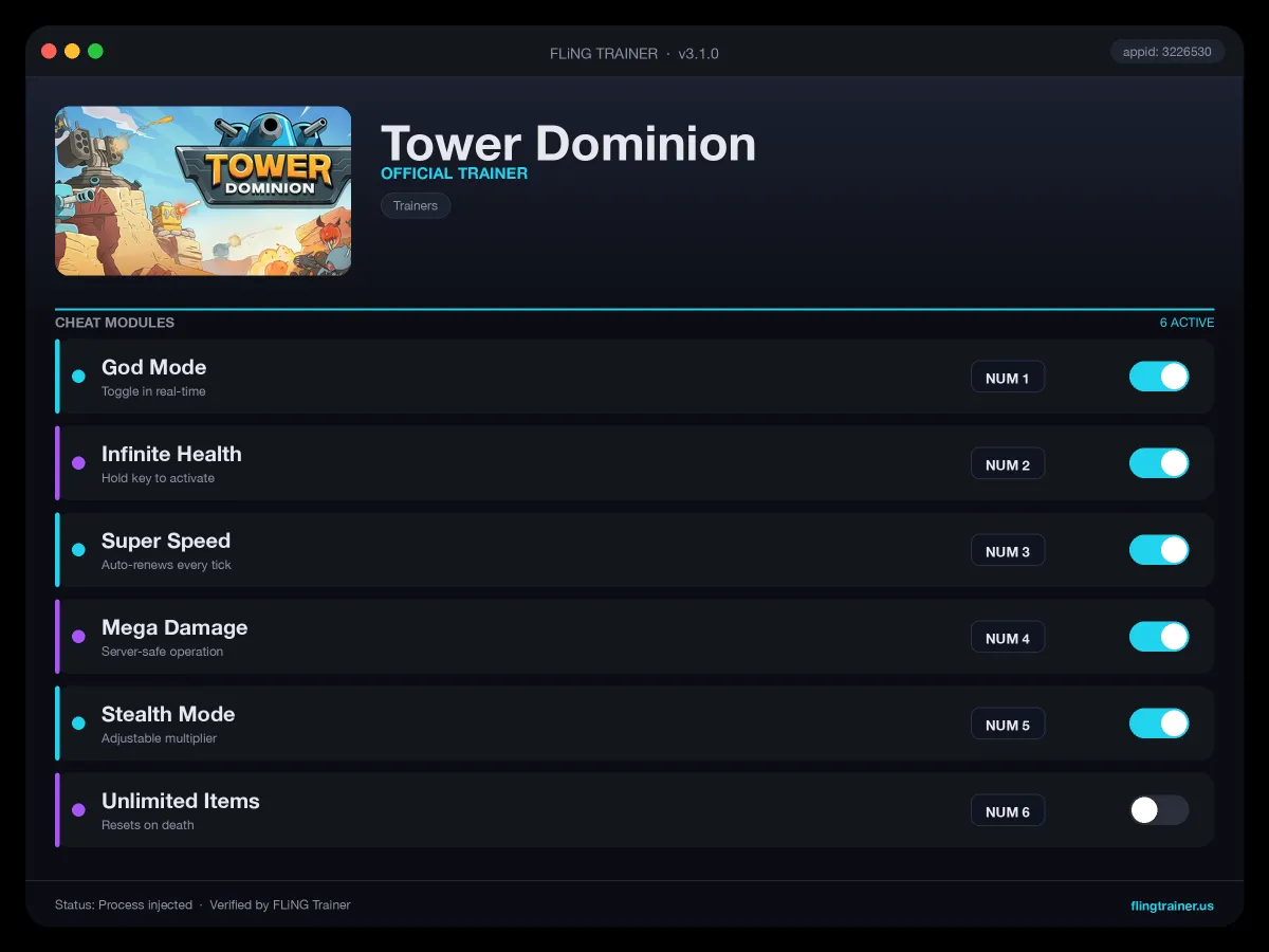 Tower Dominion Trainer interface