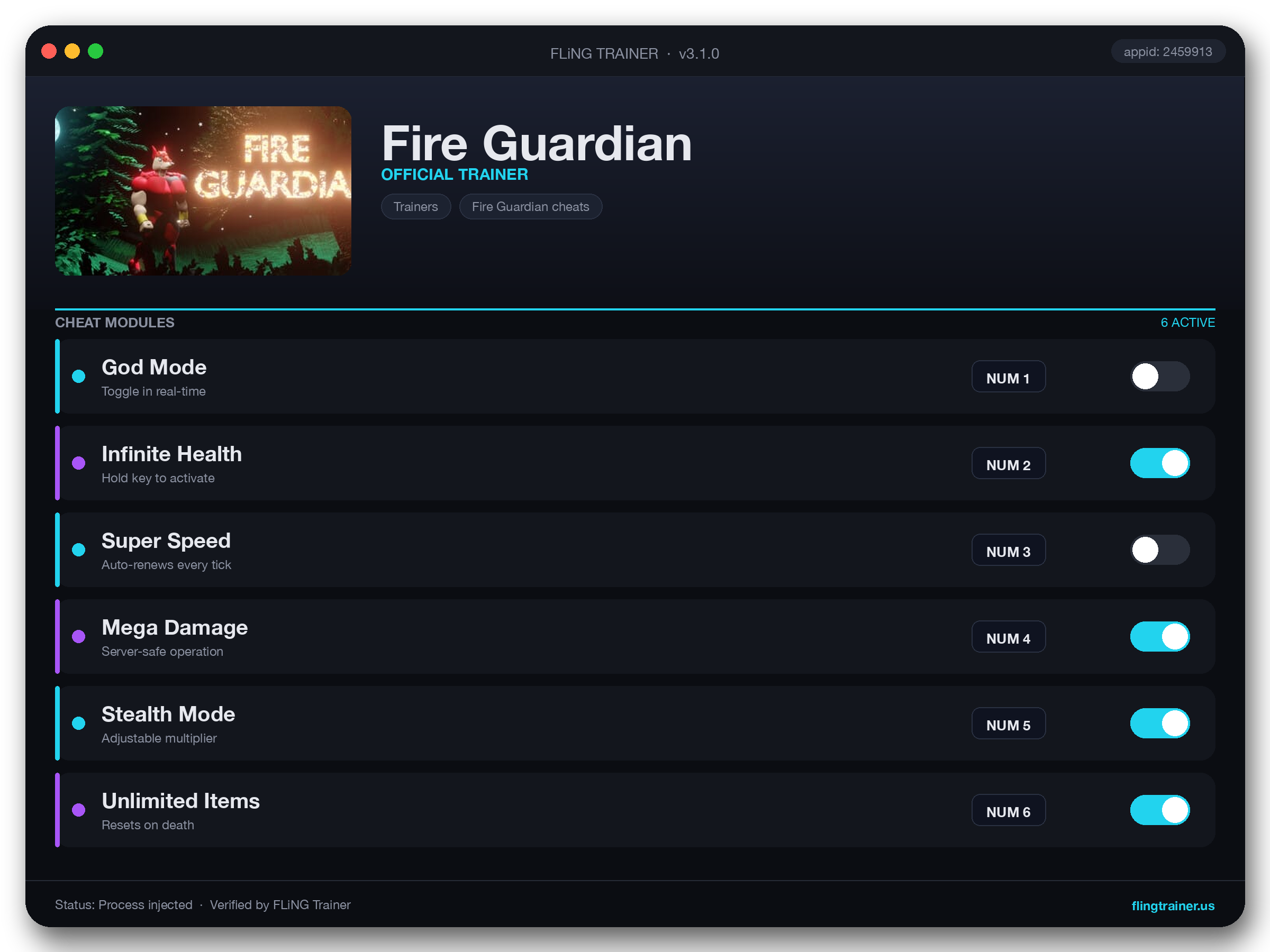 Fire Guardian Trainer interface