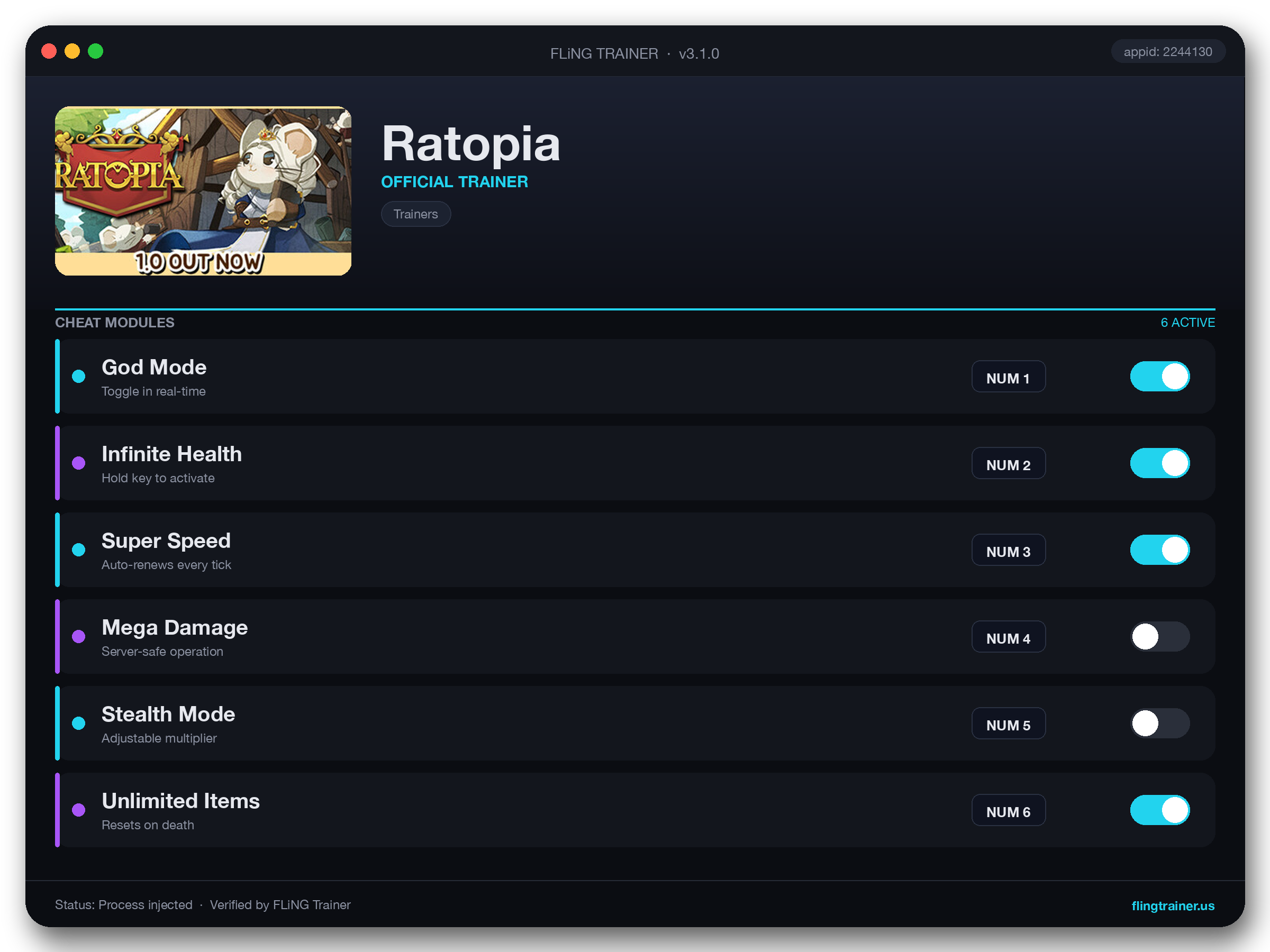 Ratopia Trainer interface