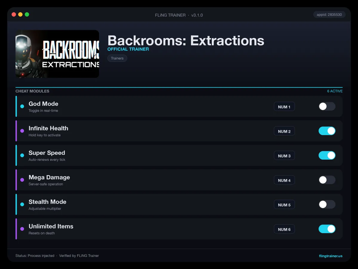 Backrooms: Extractions Trainer interface