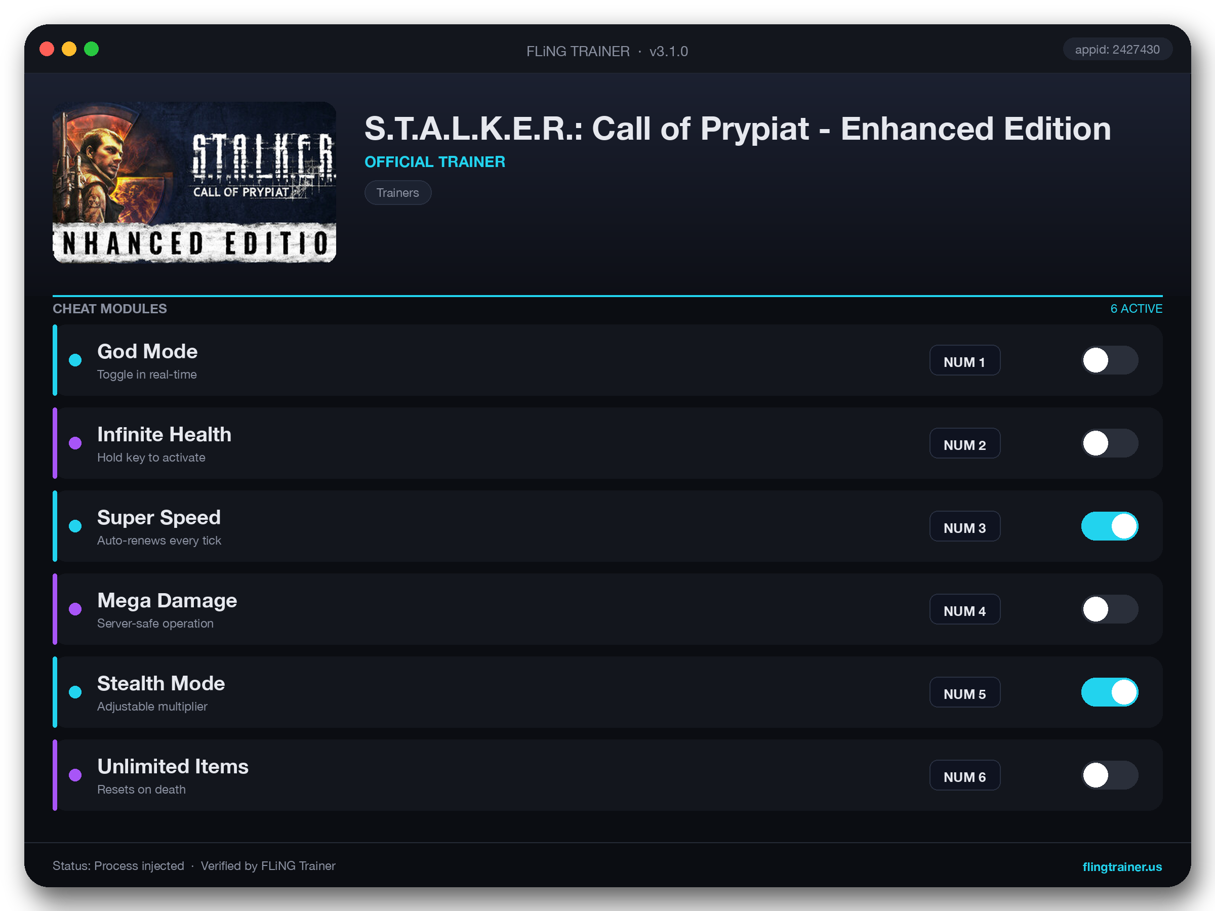 S.T.A.L.K.E.R.: Call of Prypiat - Enhanced Edition Trainer interface