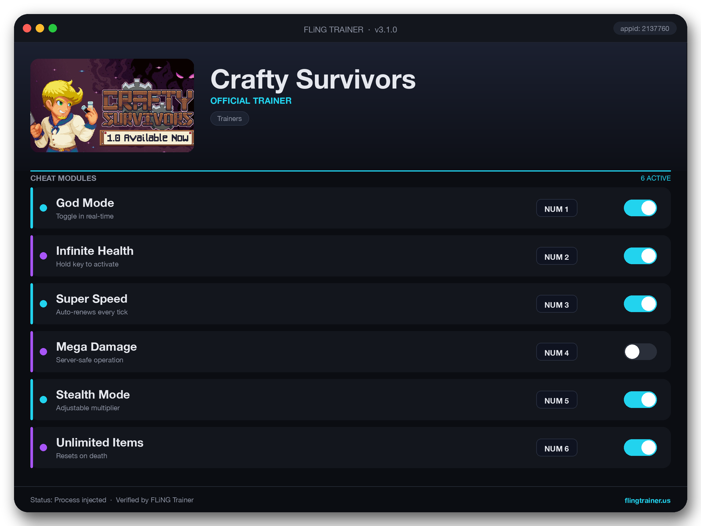 Crafty Survivors Trainer interface