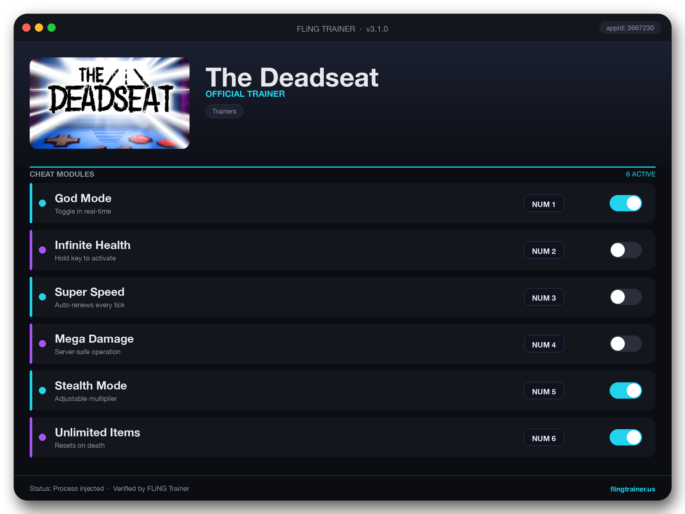 The Deadseat Trainer interface