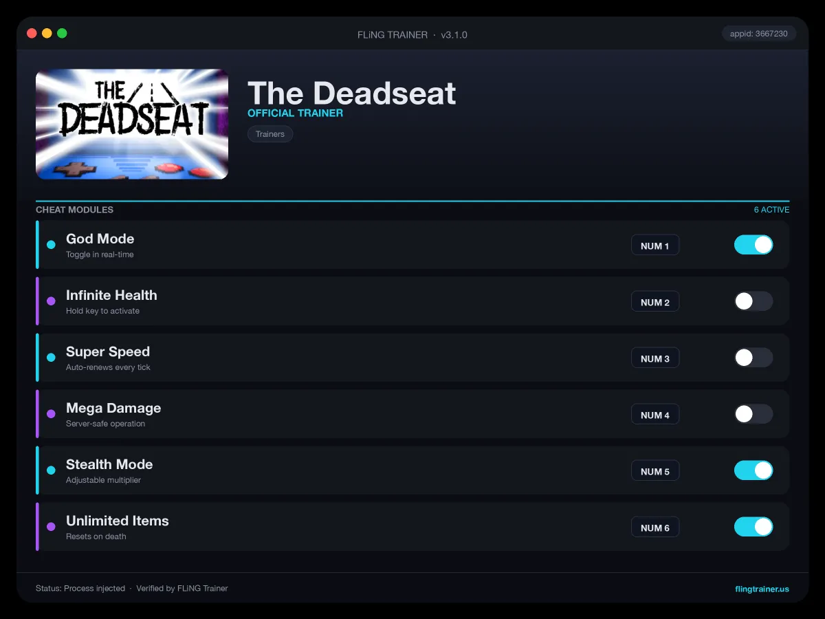 The Deadseat Trainer interface