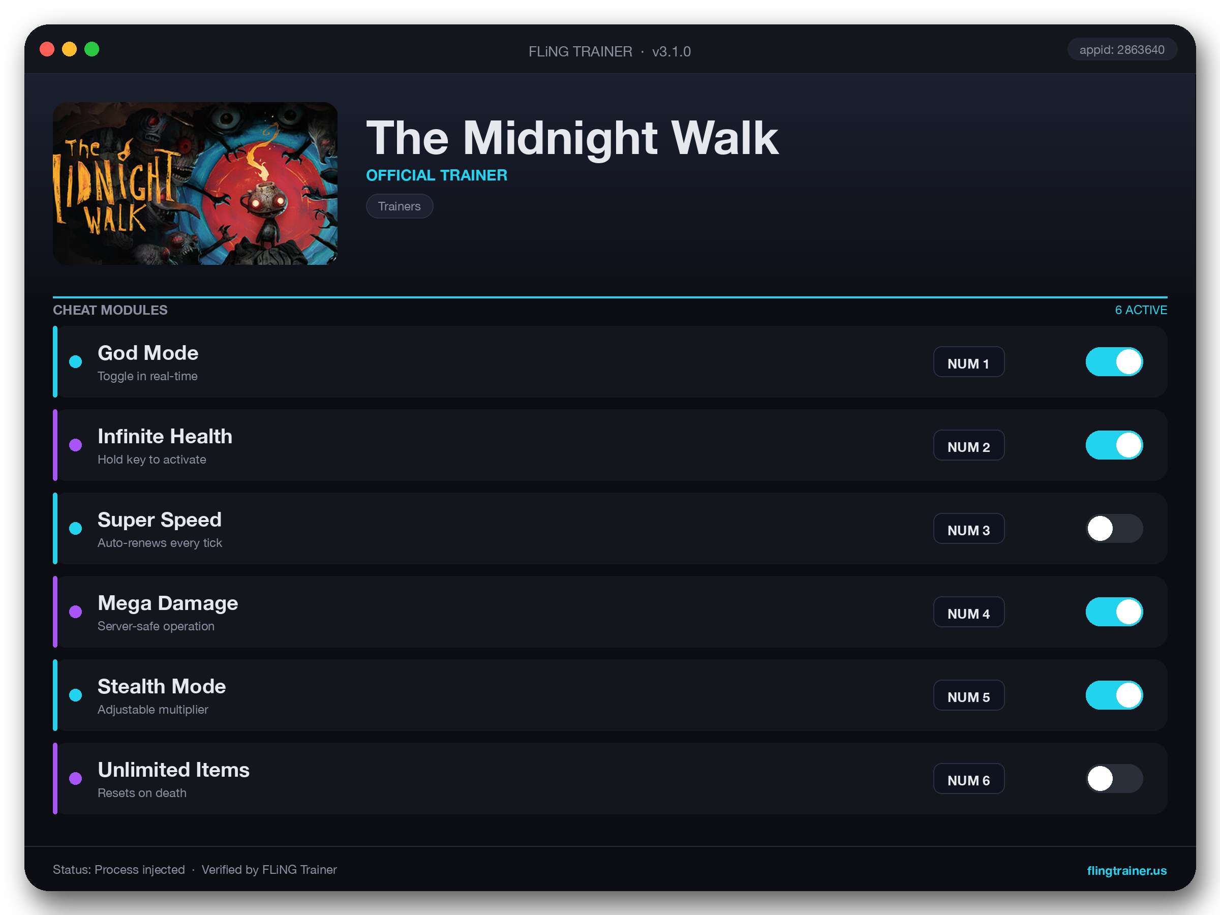 The Midnight Walk Trainer interface