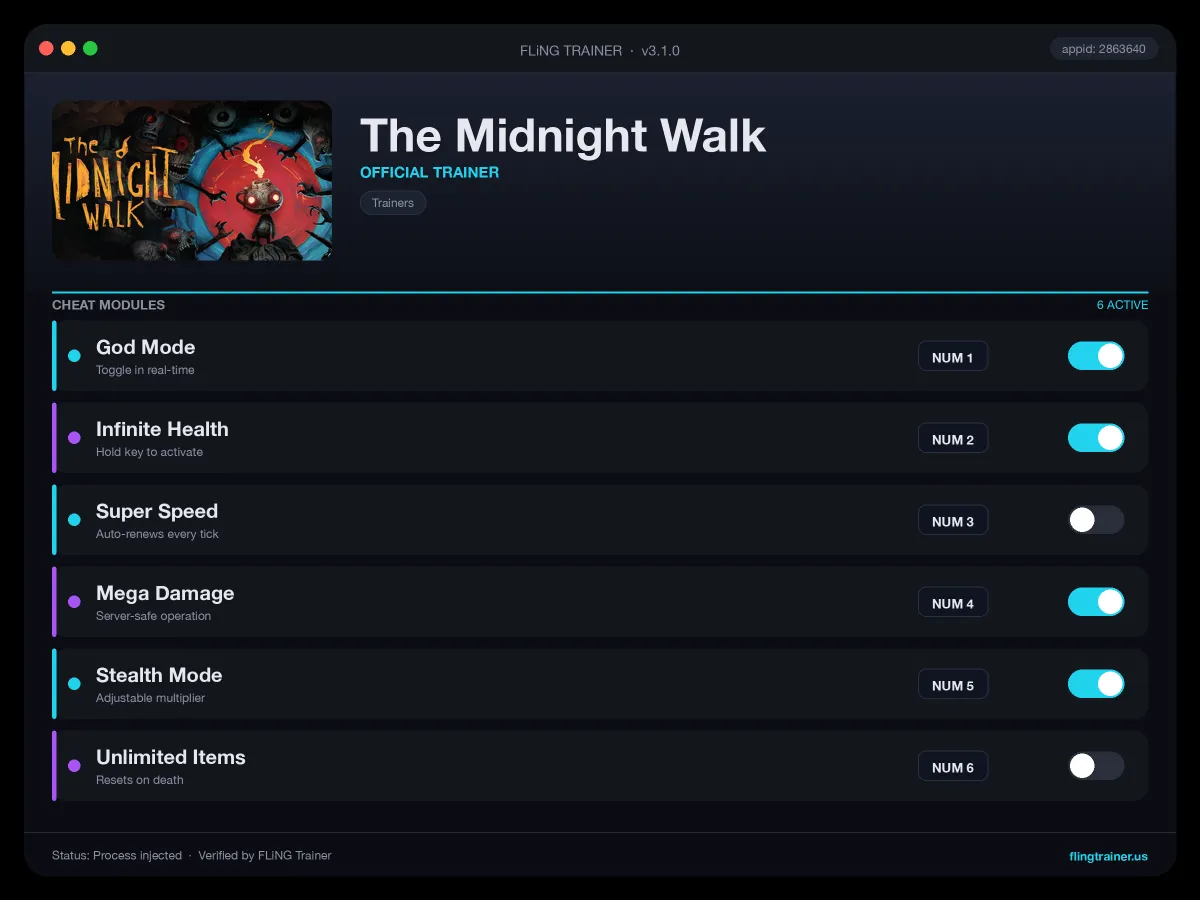 The Midnight Walk Trainer interface