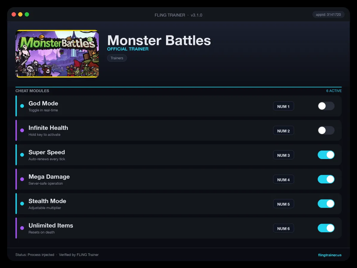 Monster Battles Trainer interface