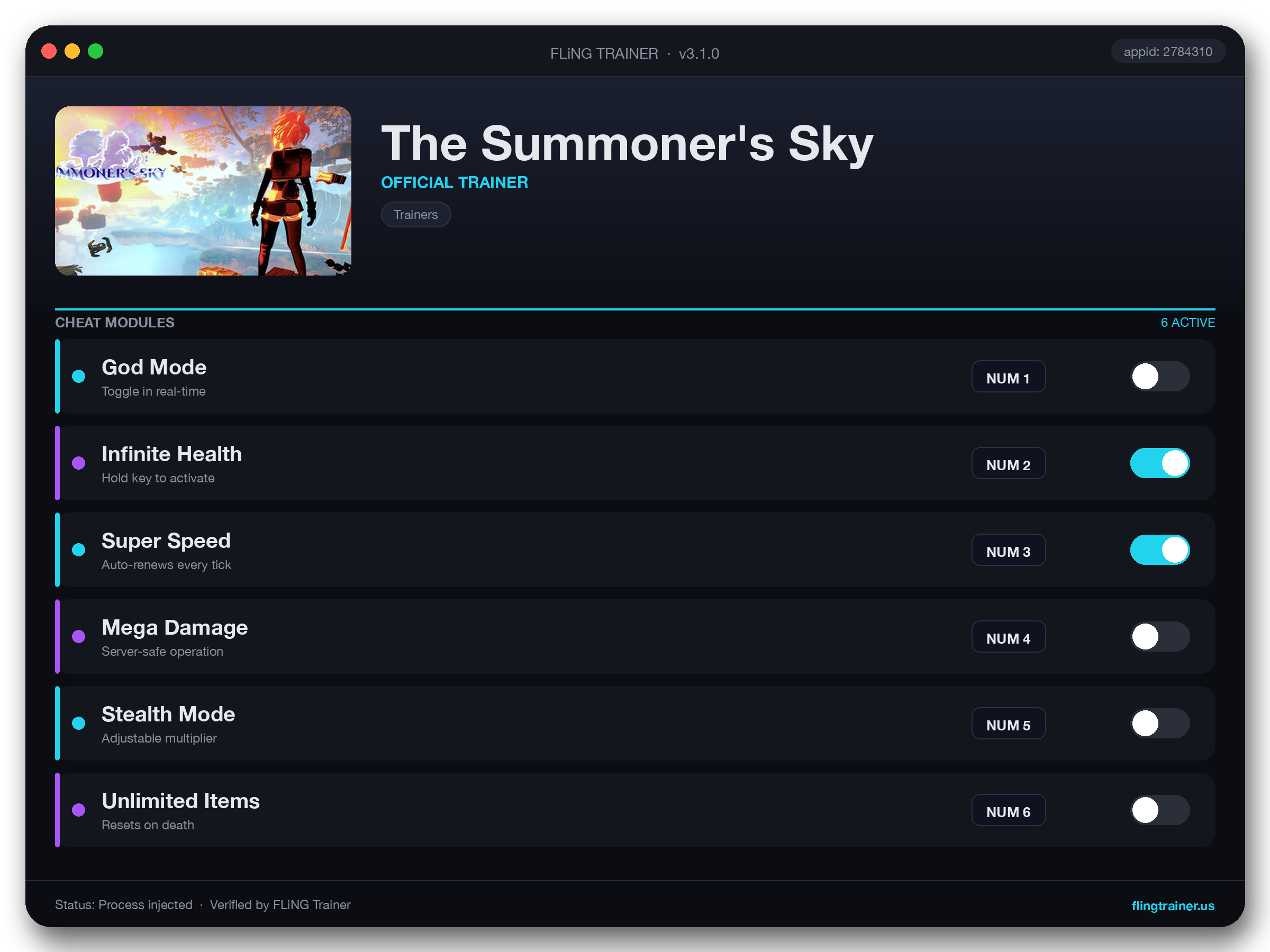 The Summoner's Sky Trainer interface