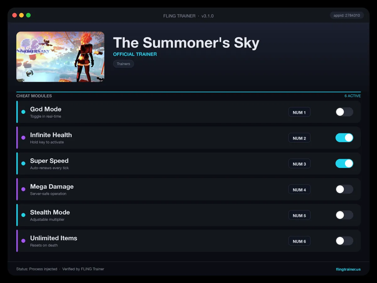 The Summoner's Sky Trainer interface