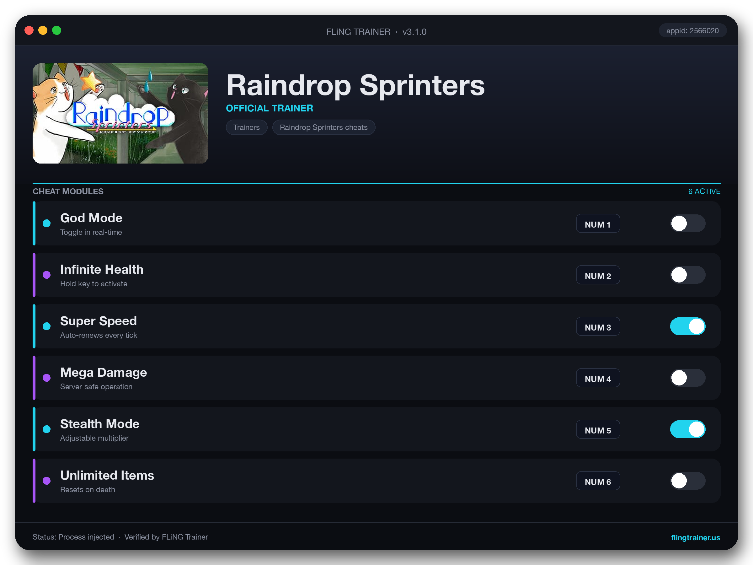 Raindrop Sprinters Trainer interface