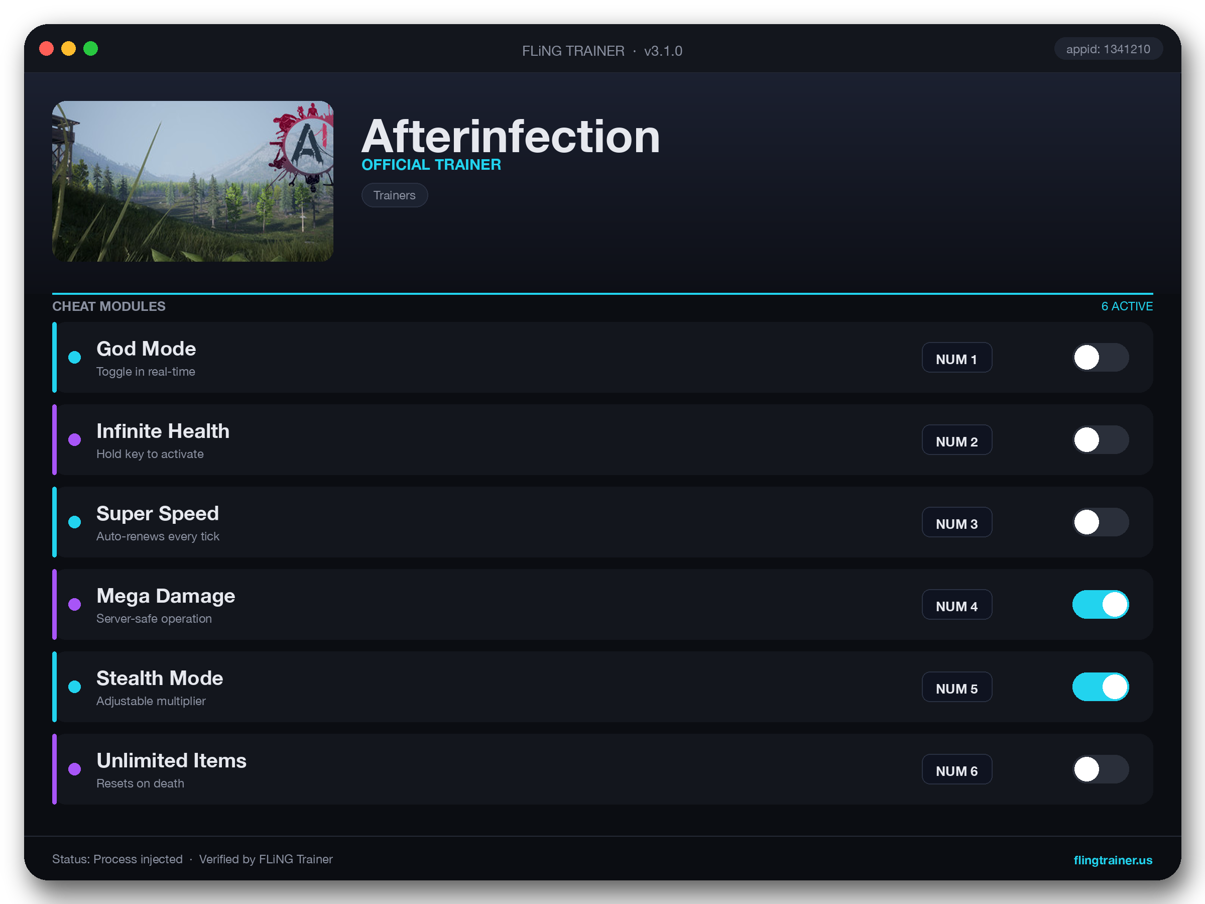 Afterinfection Trainer interface