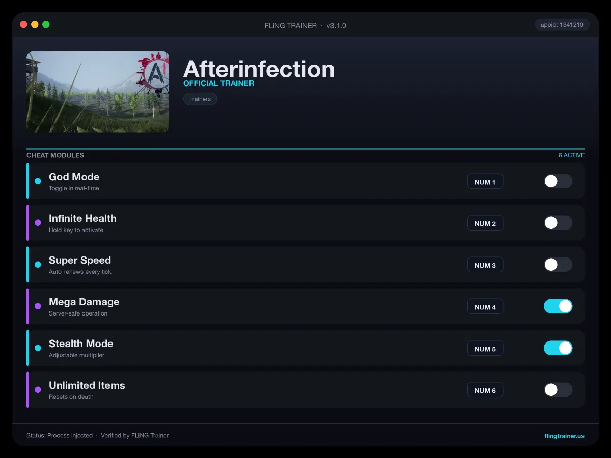 Afterinfection Trainer interface