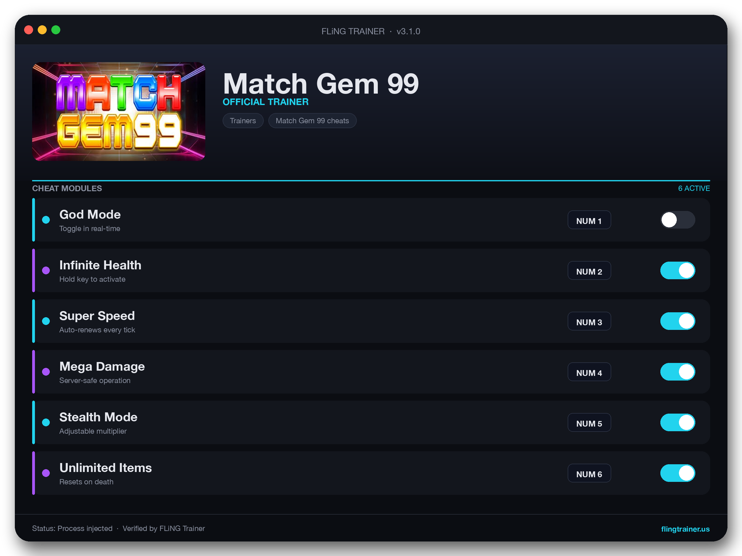 Match Gem 99 Trainer interface