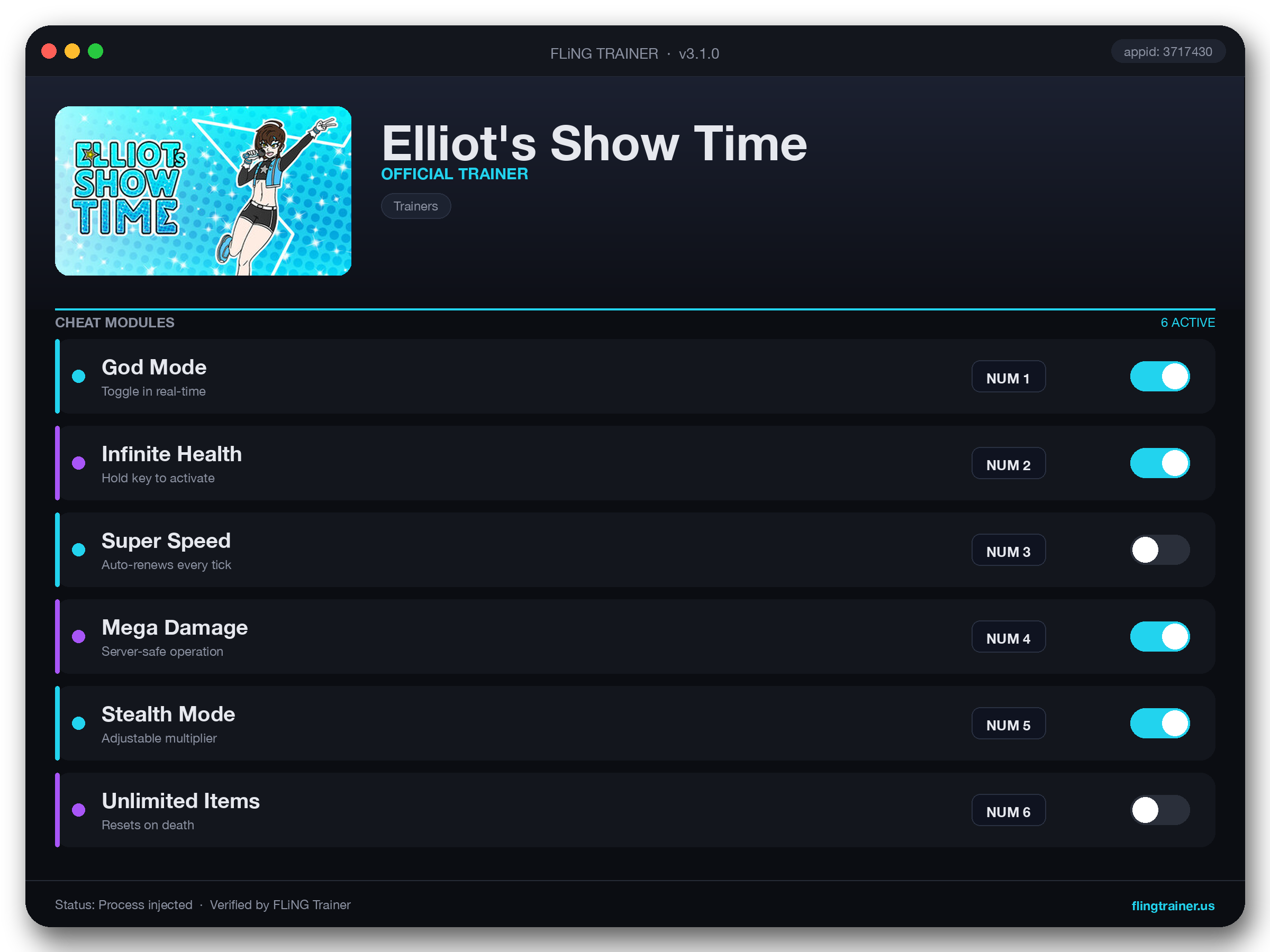 Elliot's Show Time Trainer interface