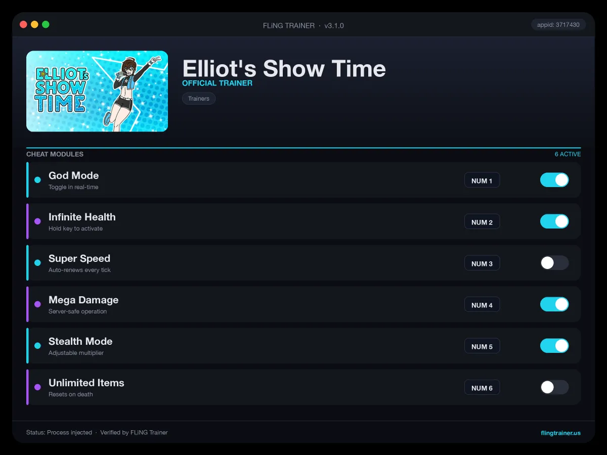 Elliot's Show Time Trainer interface