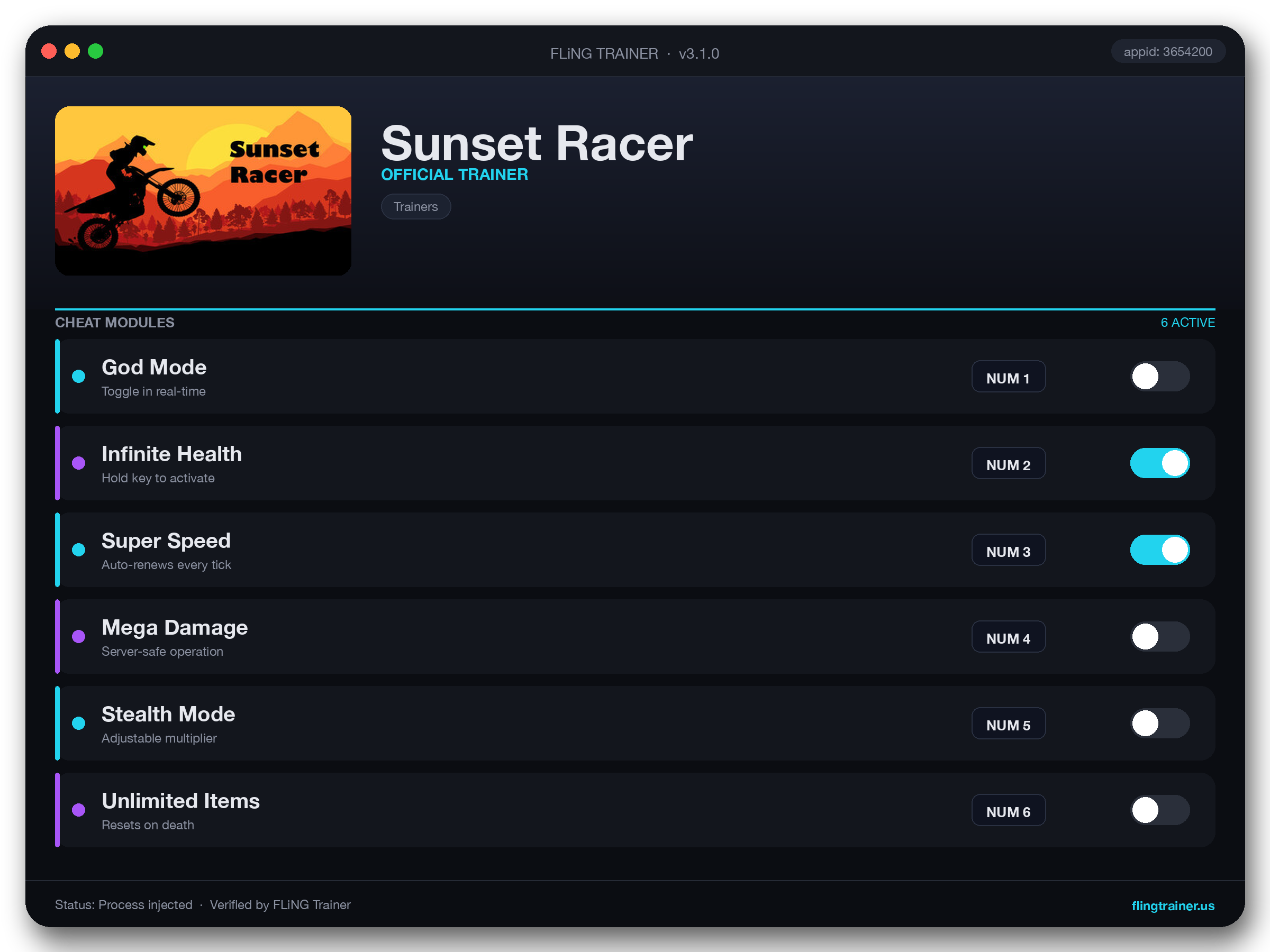Sunset Racer Trainer interface