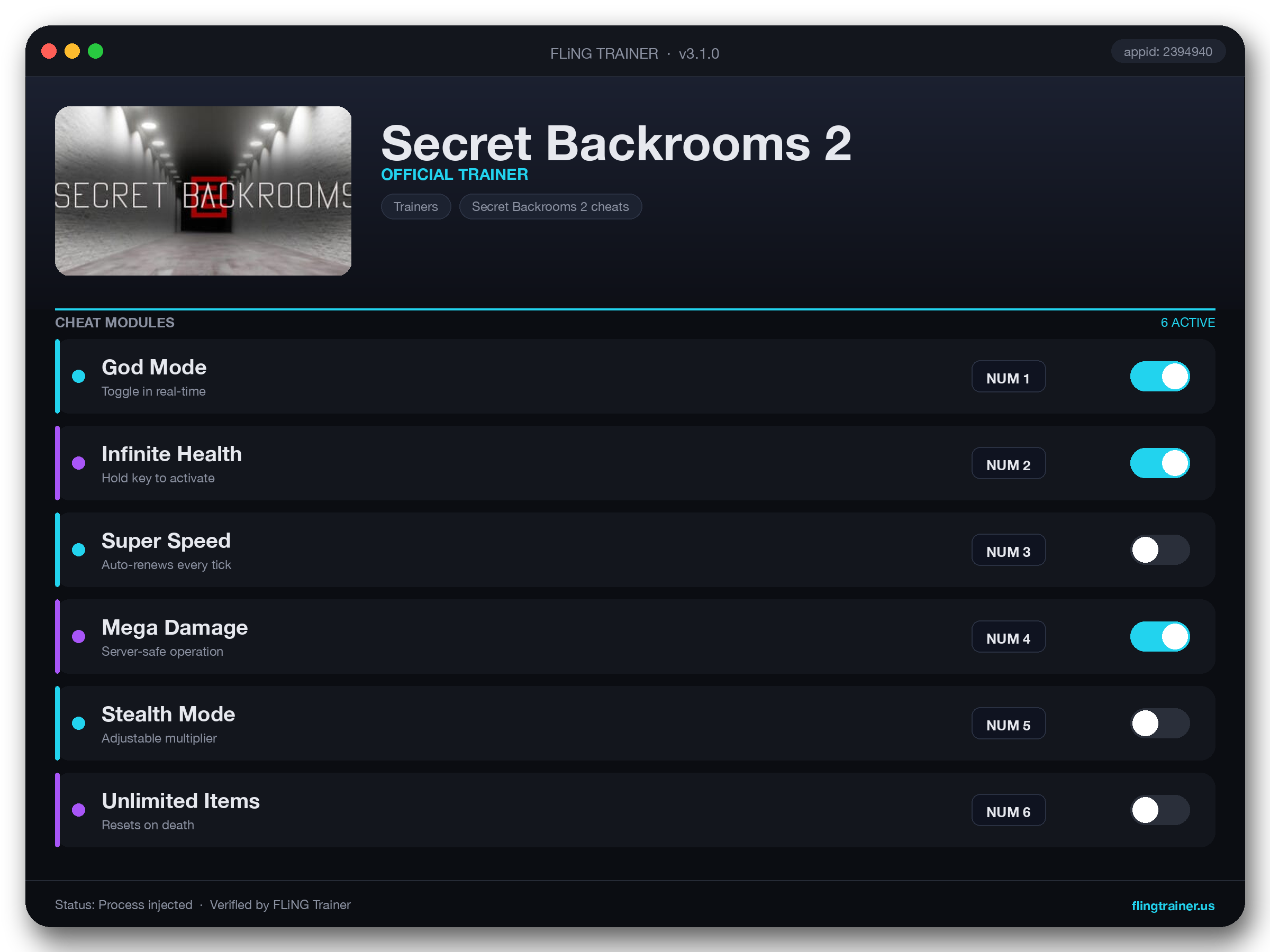 Secret Backrooms 2 Trainer interface