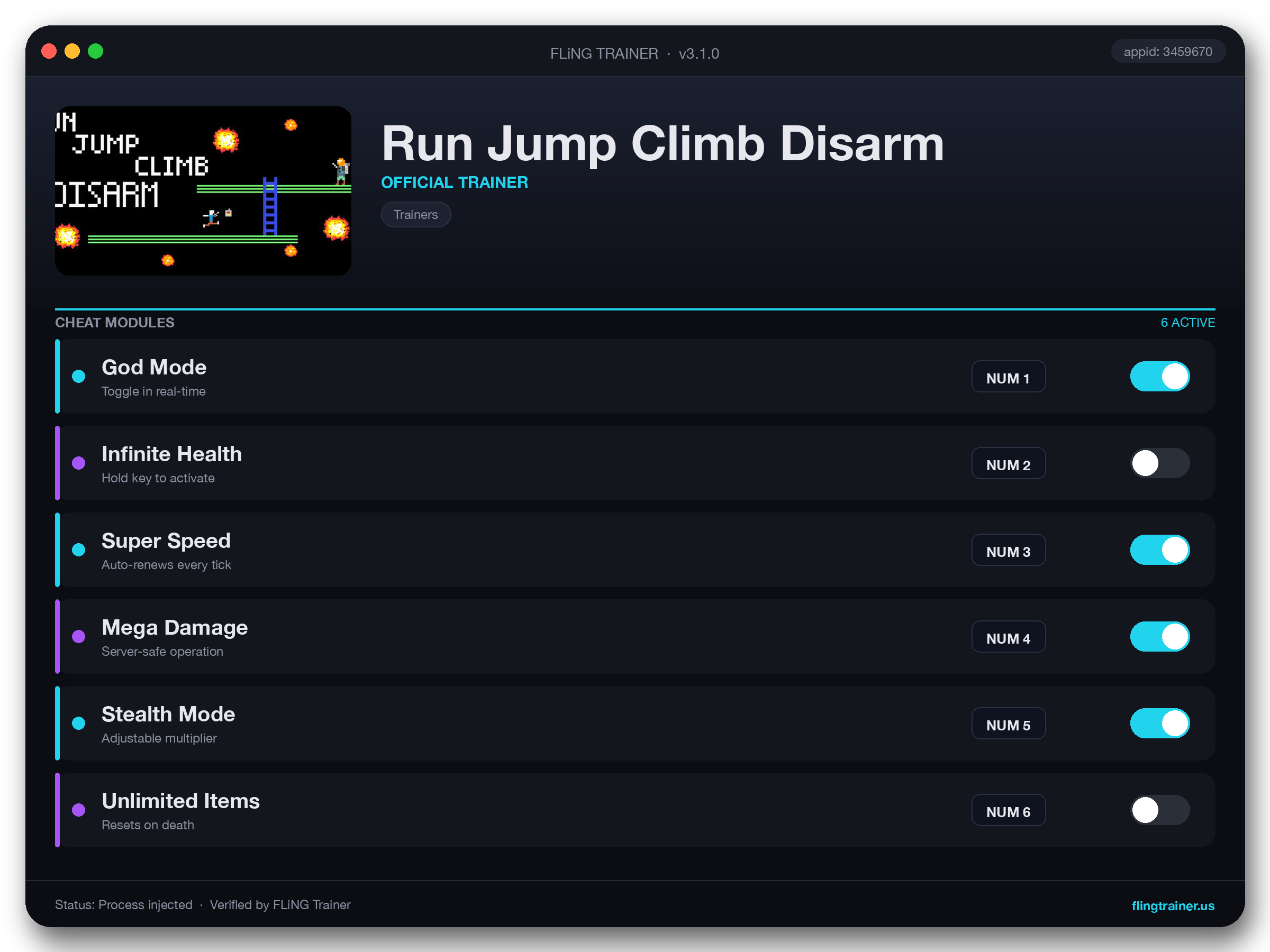 Run Jump Climb Disarm Trainer interface