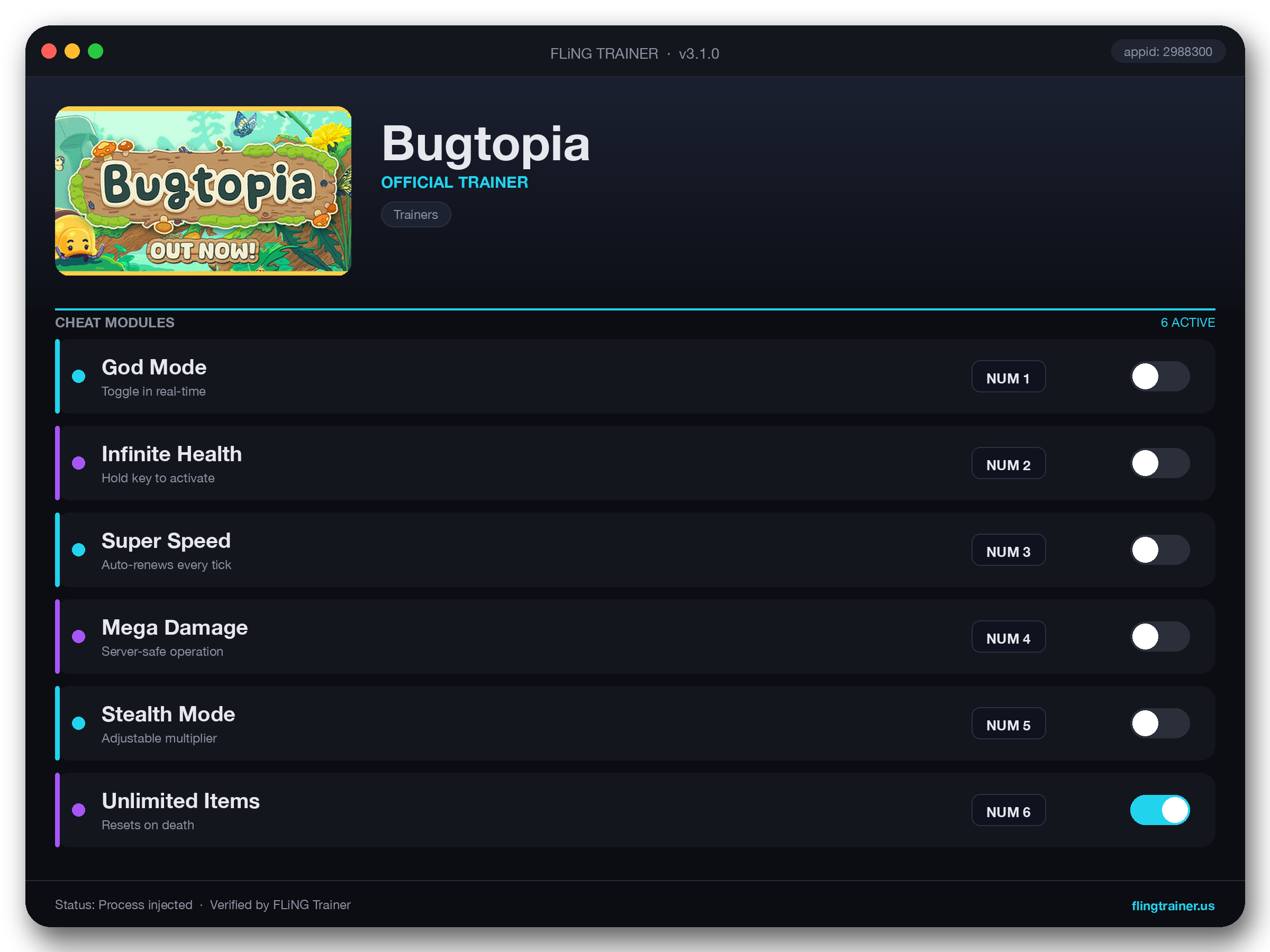 Bugtopia Trainer interface