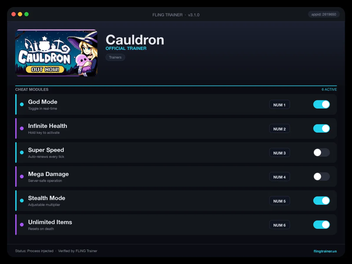 Cauldron Trainer interface
