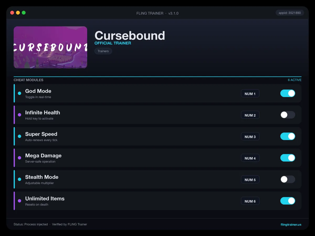 Cursebound Trainer interface