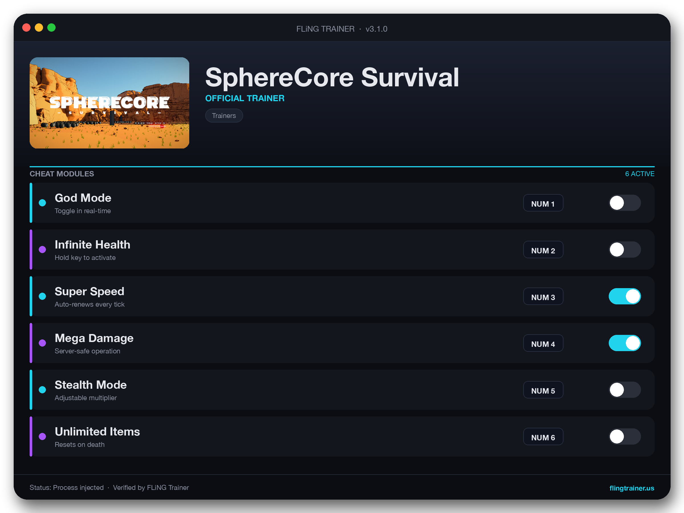 SphereCore Survival Trainer interface