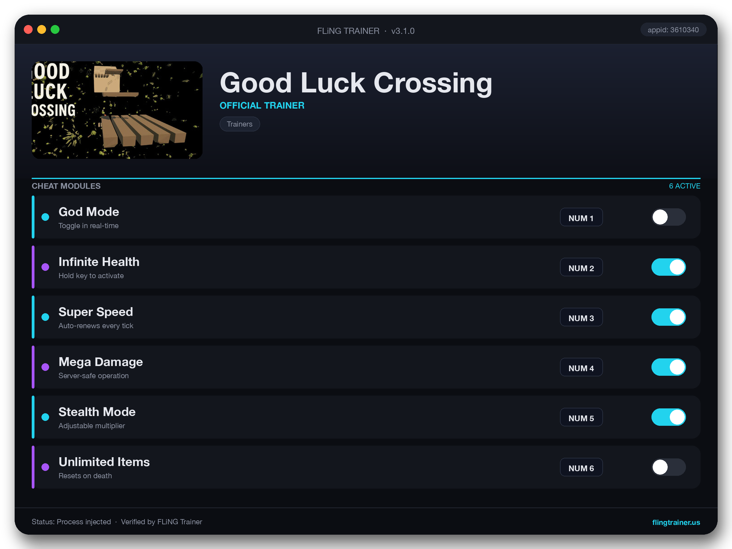 Good Luck Crossing Trainer interface