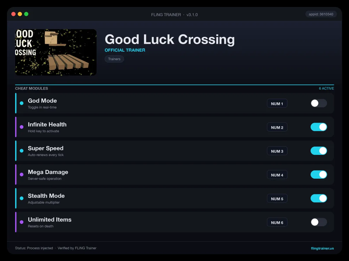 Good Luck Crossing Trainer interface