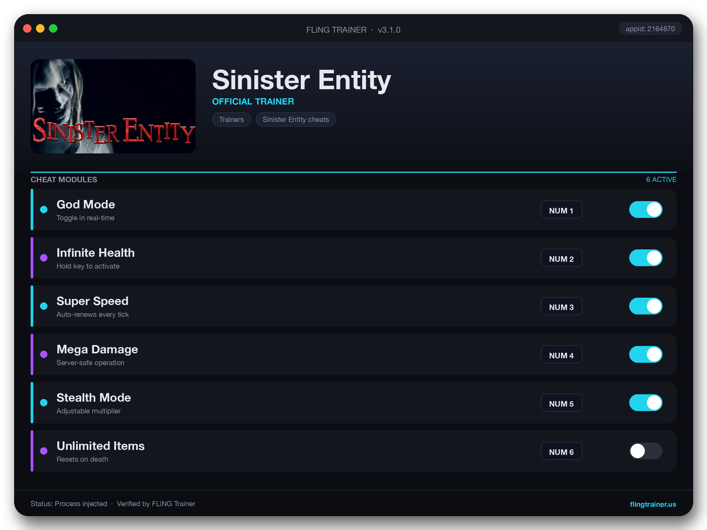 Sinister Entity Trainer interface