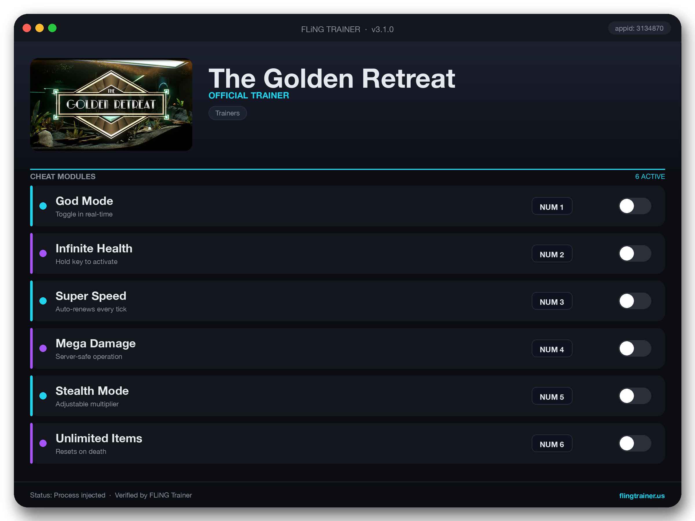 The Golden Retreat Trainer interface