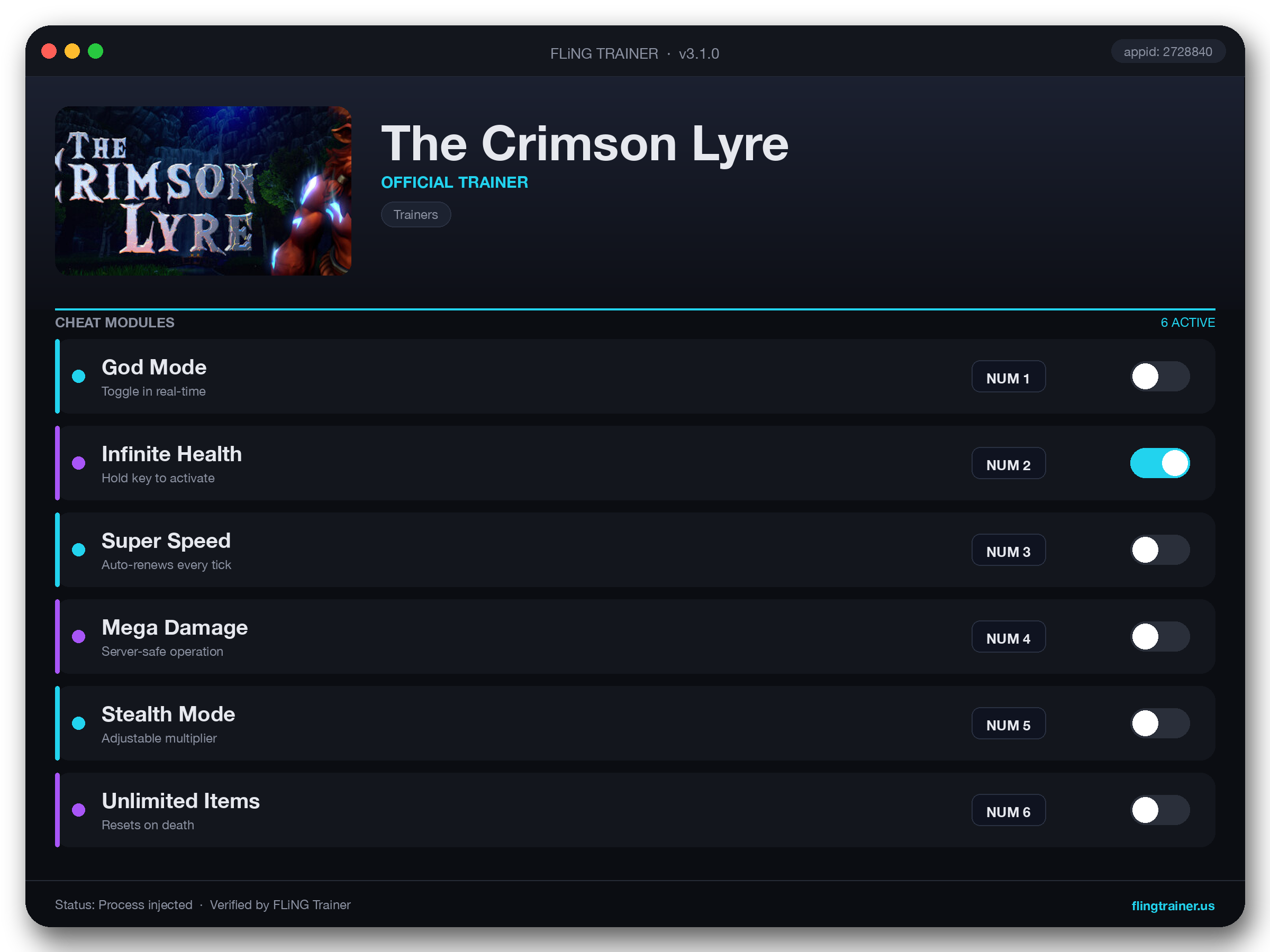 The Crimson Lyre Trainer interface