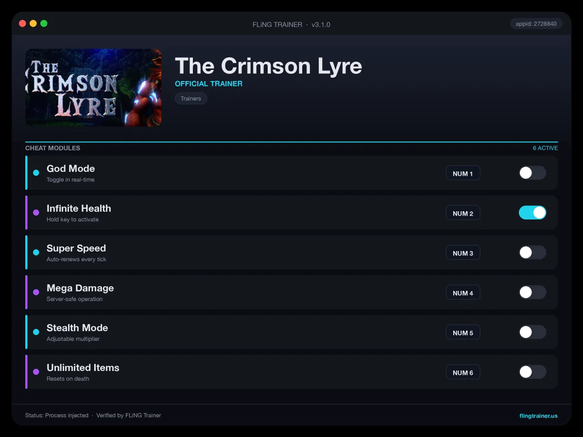 The Crimson Lyre Trainer interface