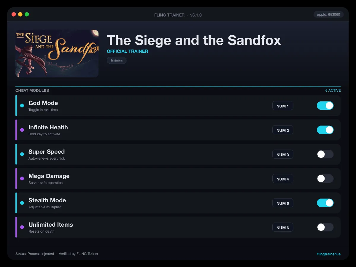 The Siege and the Sandfox Trainer interface