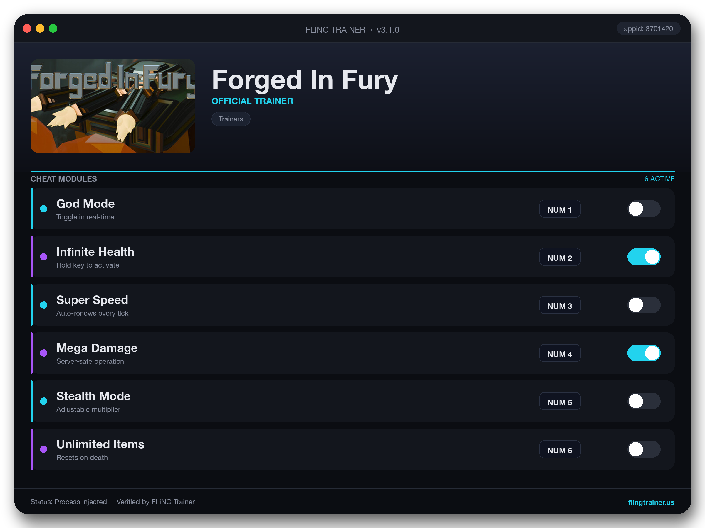 Forged In Fury Trainer interface
