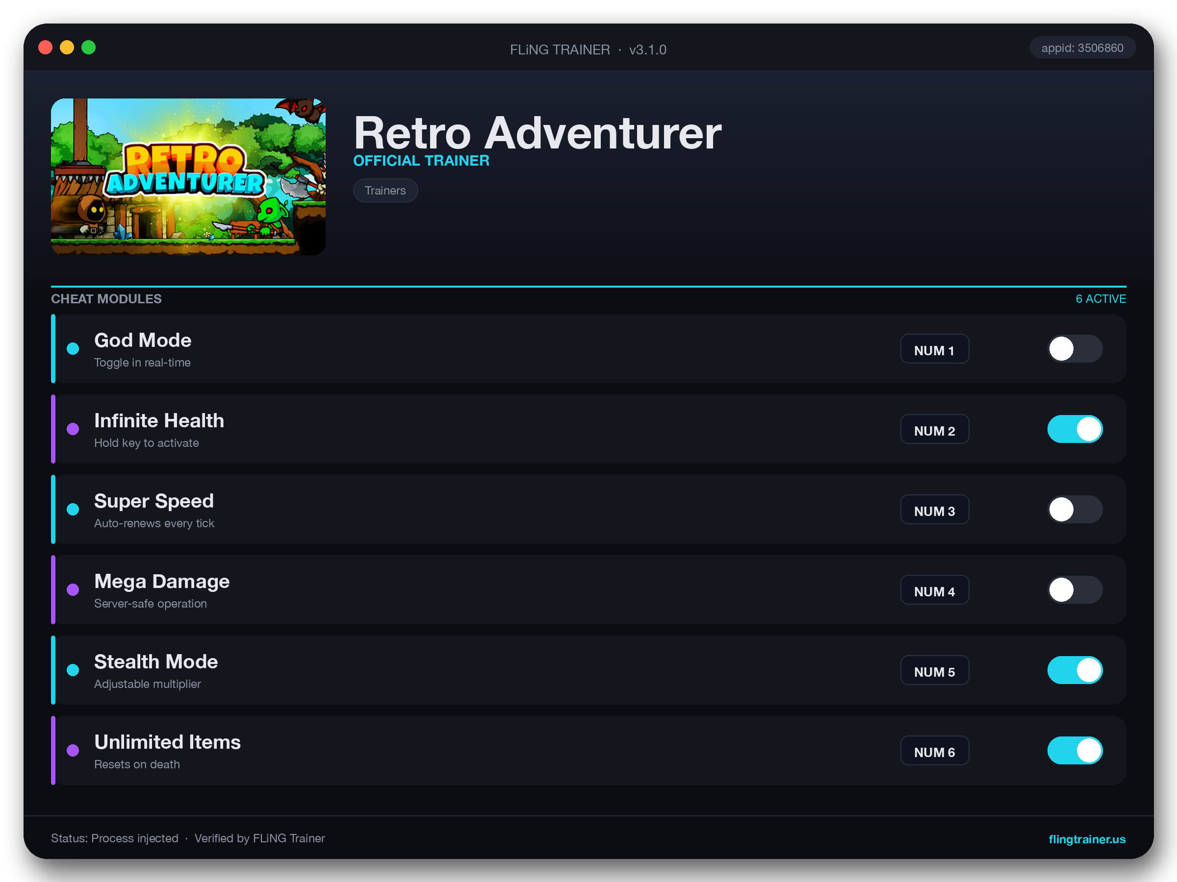 Retro Adventurer Trainer interface