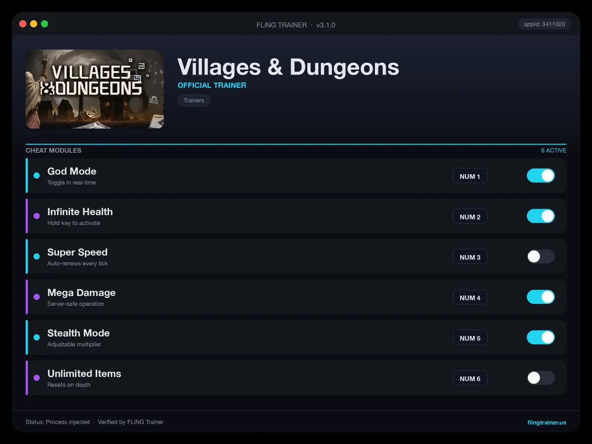 Villages & Dungeons Trainer interface