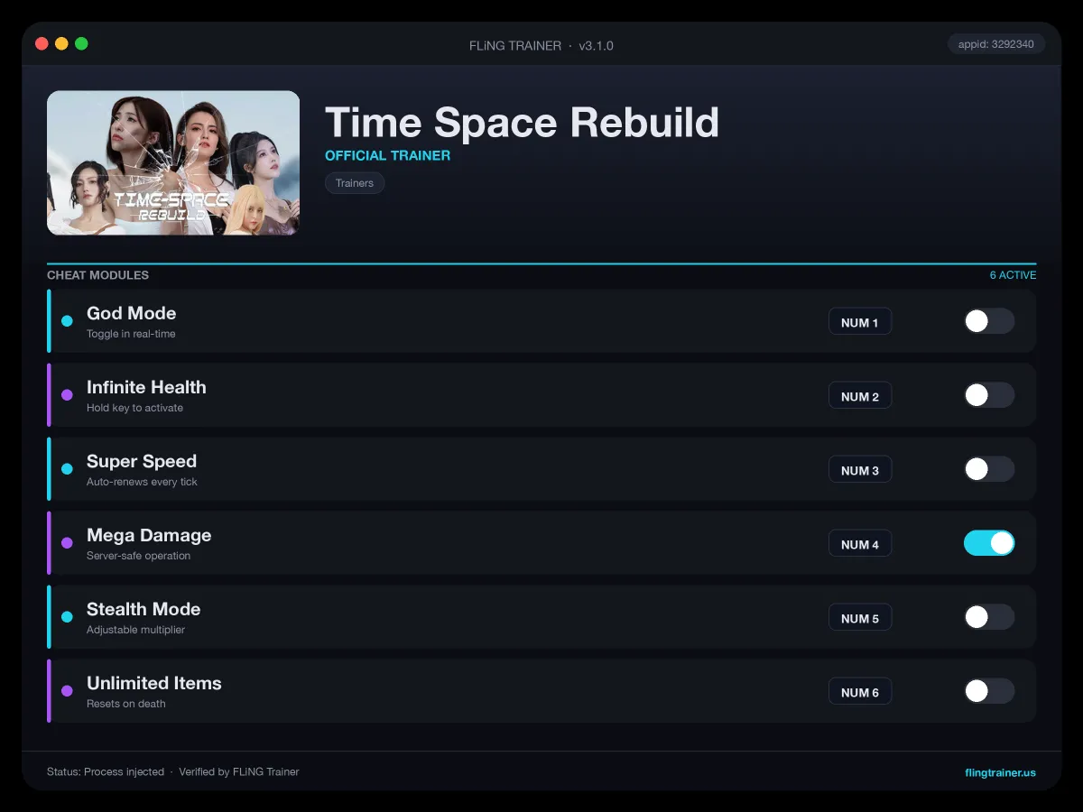 Time Space Rebuild Trainer interface