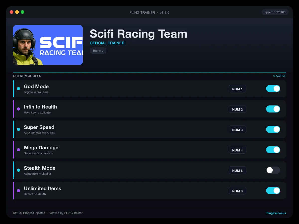 Scifi Racing Team Trainer interface