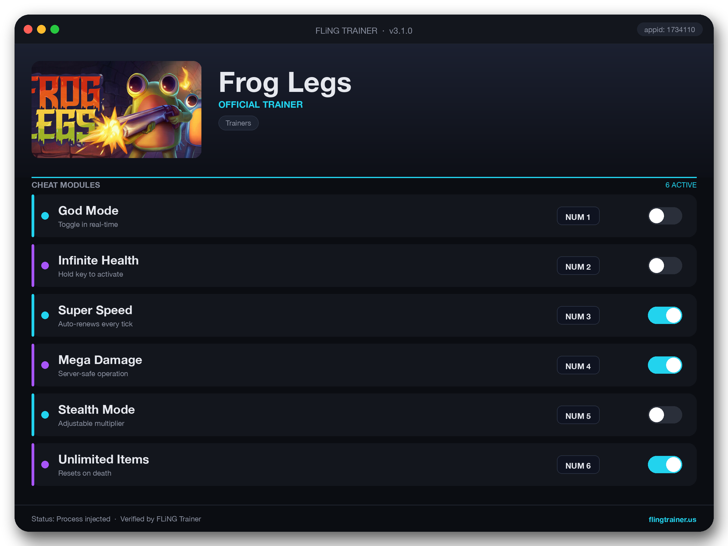Frog Legs Trainer interface