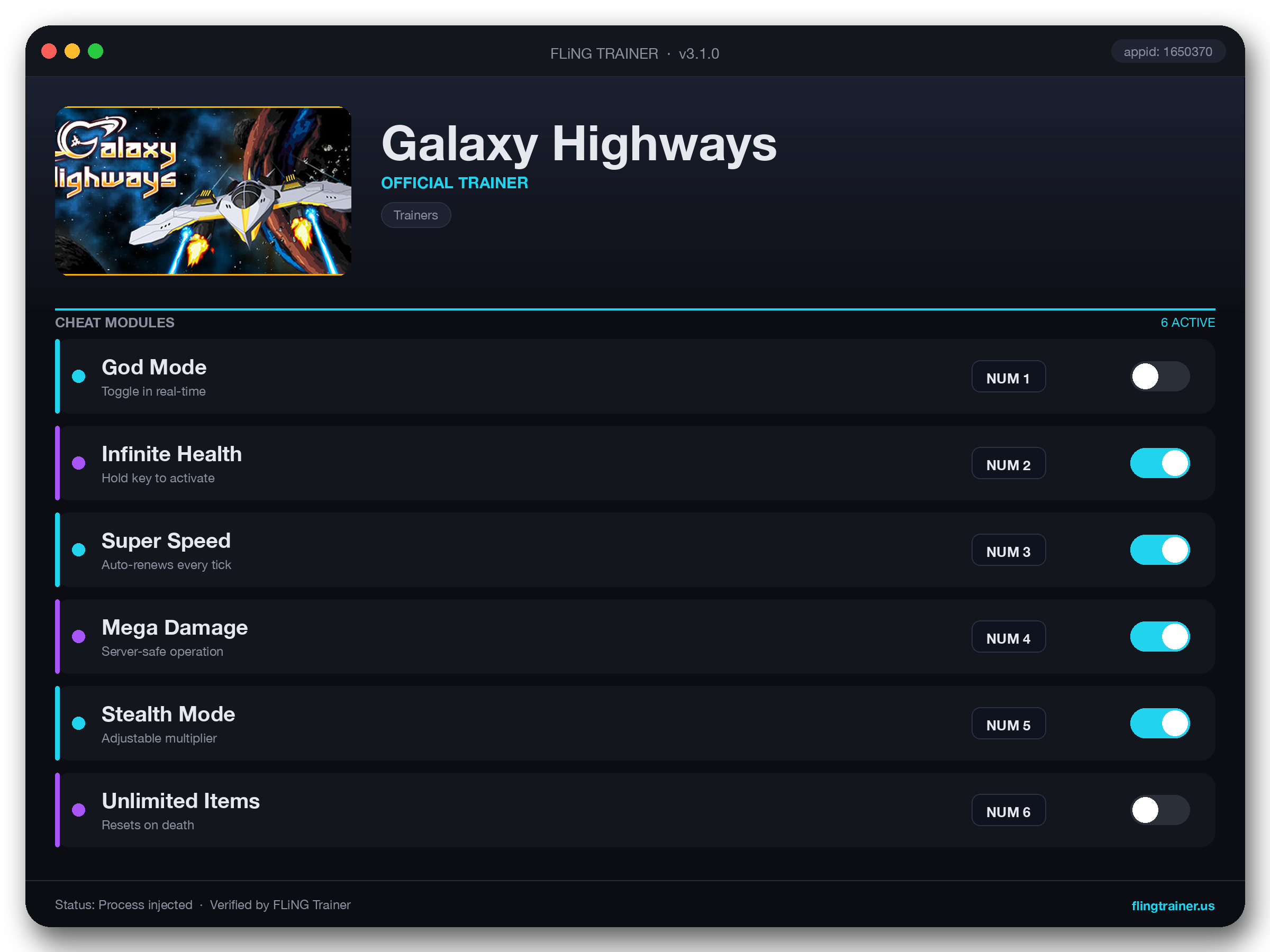 Galaxy Highways Trainer interface