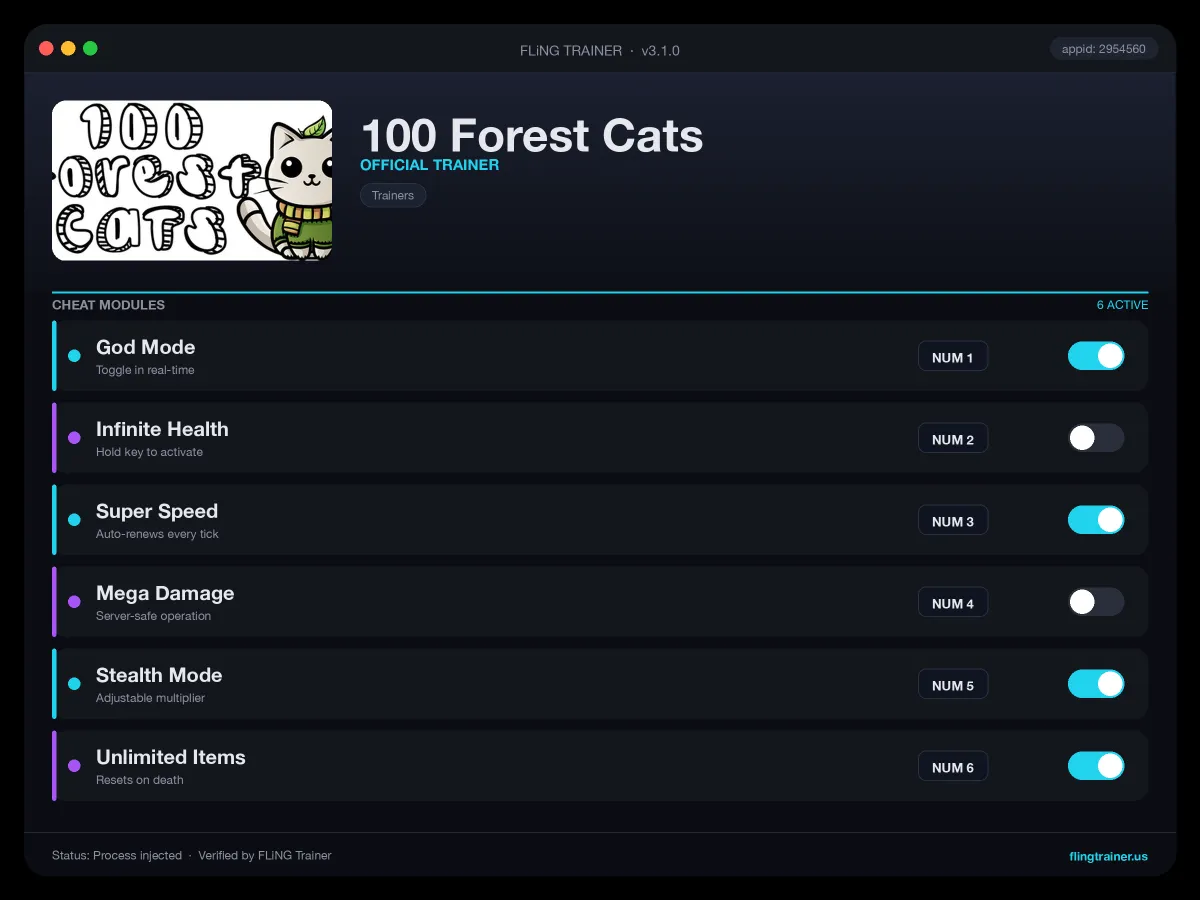 100 Forest Cats Trainer interface