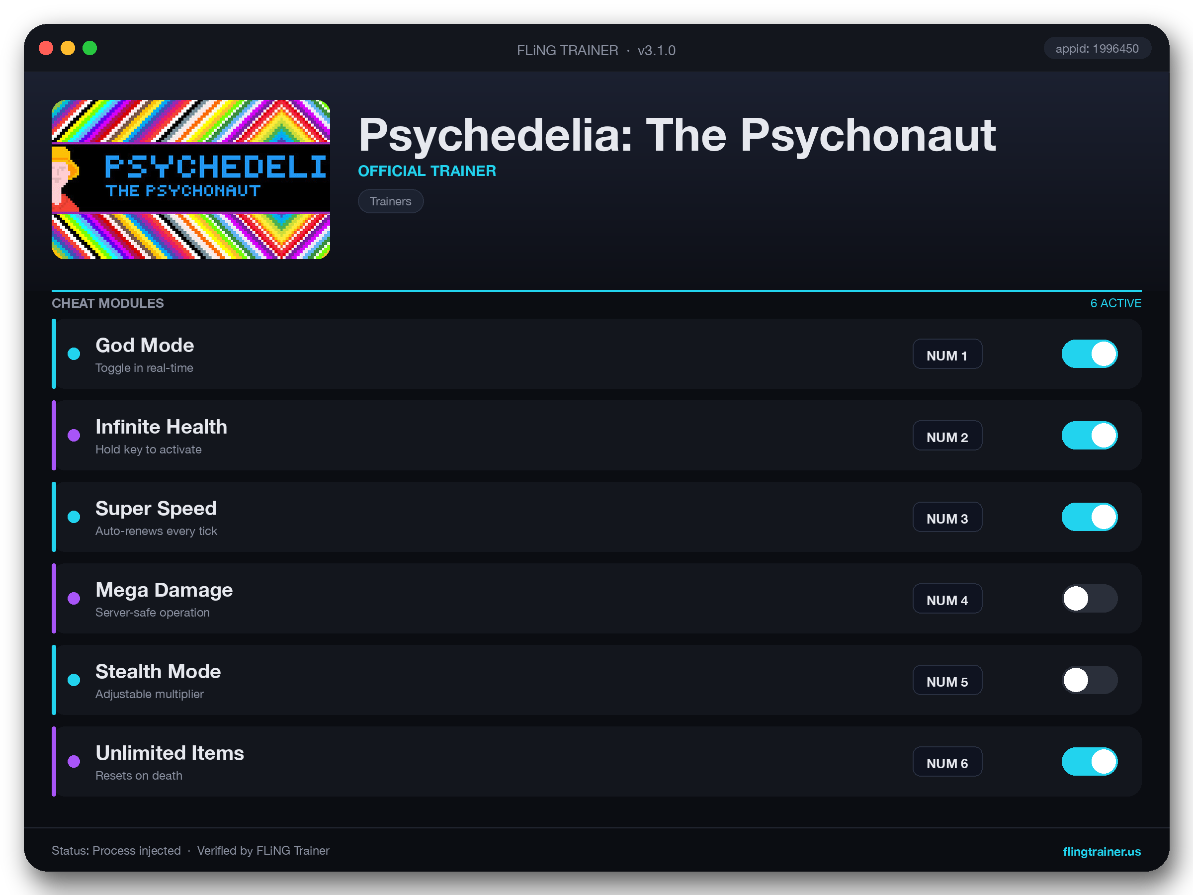 Psychedelia: The Psychonaut Trainer interface