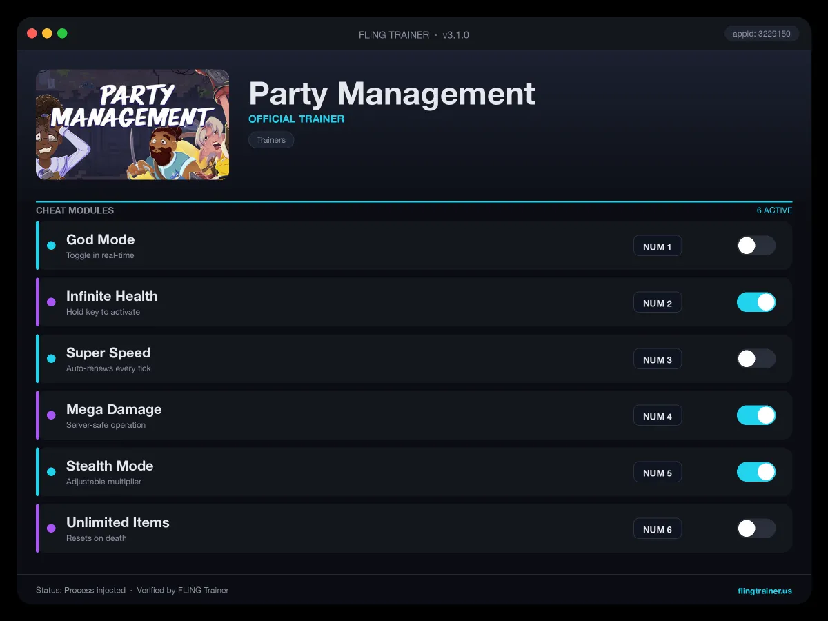 Party Management Trainer interface
